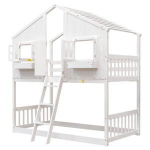 Harper & Bright Designs House Bunk Bed Twin Over Twin Kids Bunk Bed Wood Frame with Roof, Window, Window Box, Door, Safety Guardrails and Ladder, for Girls Boys (Twin Size, White)