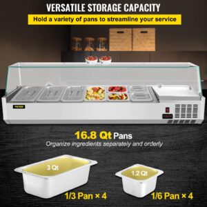 VEVOR Refrigerated Condiment Prep Station, 60-Inch, 16.8Qt Sandwich Prep Table with 4 1/3 Pans & 4 1/6 Pans, 146W Salad Bar with 304 Stainless Body Tempered Glass Shield Digital Temp Display Auto Defr