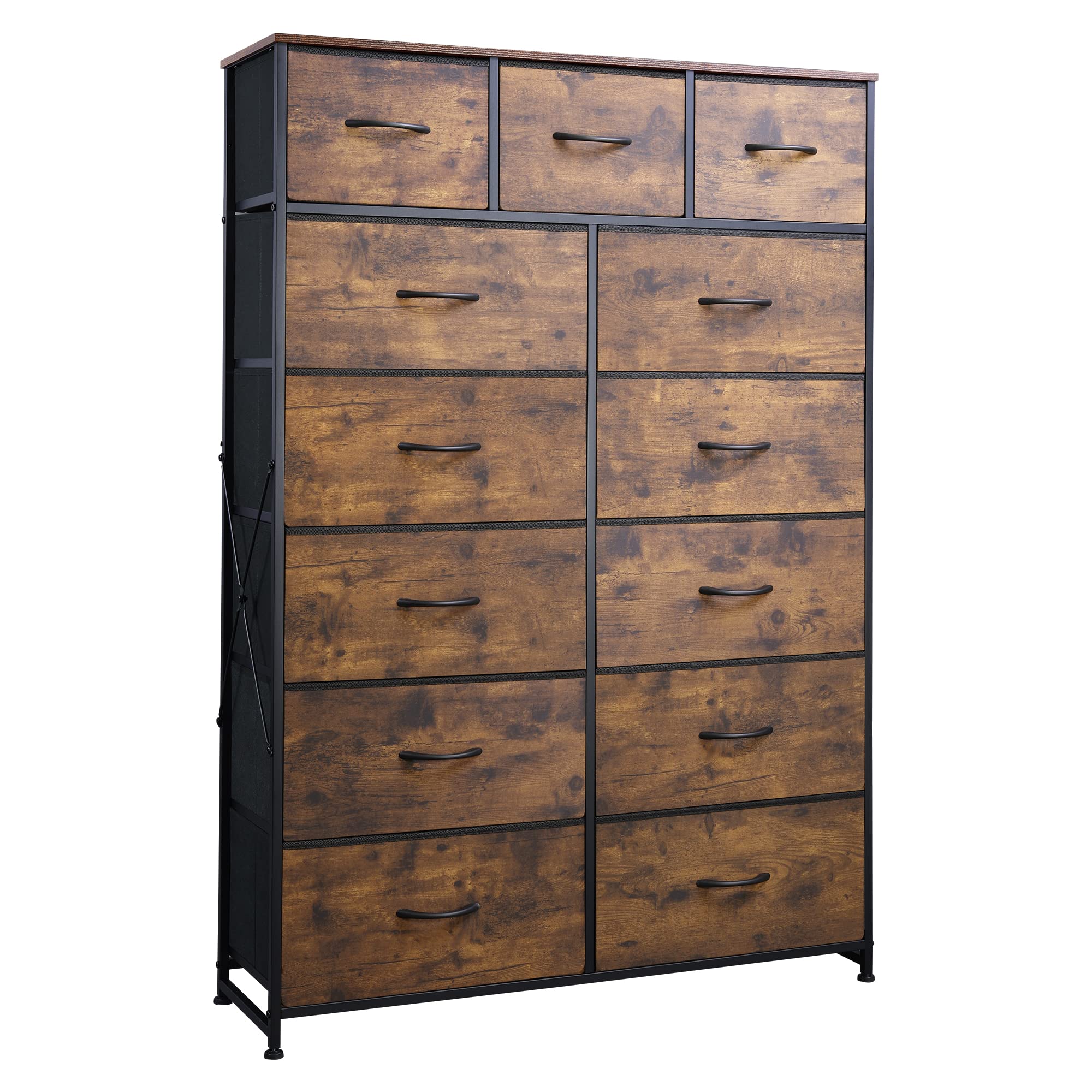 WLIVE Tall Dresser for Bedroom with 13 Drawers, Storage Dresser Organizer Unit, Fabric Dresser for Bedroom, Closet, Chest of Drawers, Steel Frame, Wood Top, Rustic Brown Wood Grain Print