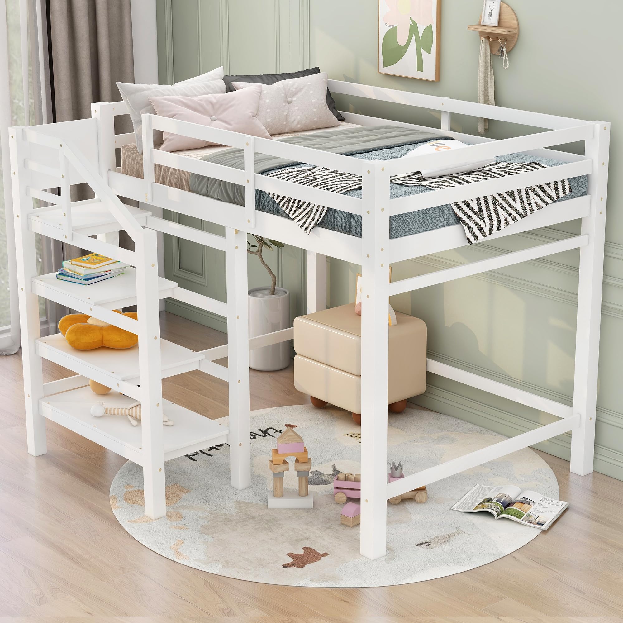 Full Loft Bed with Stairs Wood Frame Storage Shelves and Hanging Rod White Beds for Kids Boys Girls Adults Teens Dorm Bedroom, Full Size White With Stairs