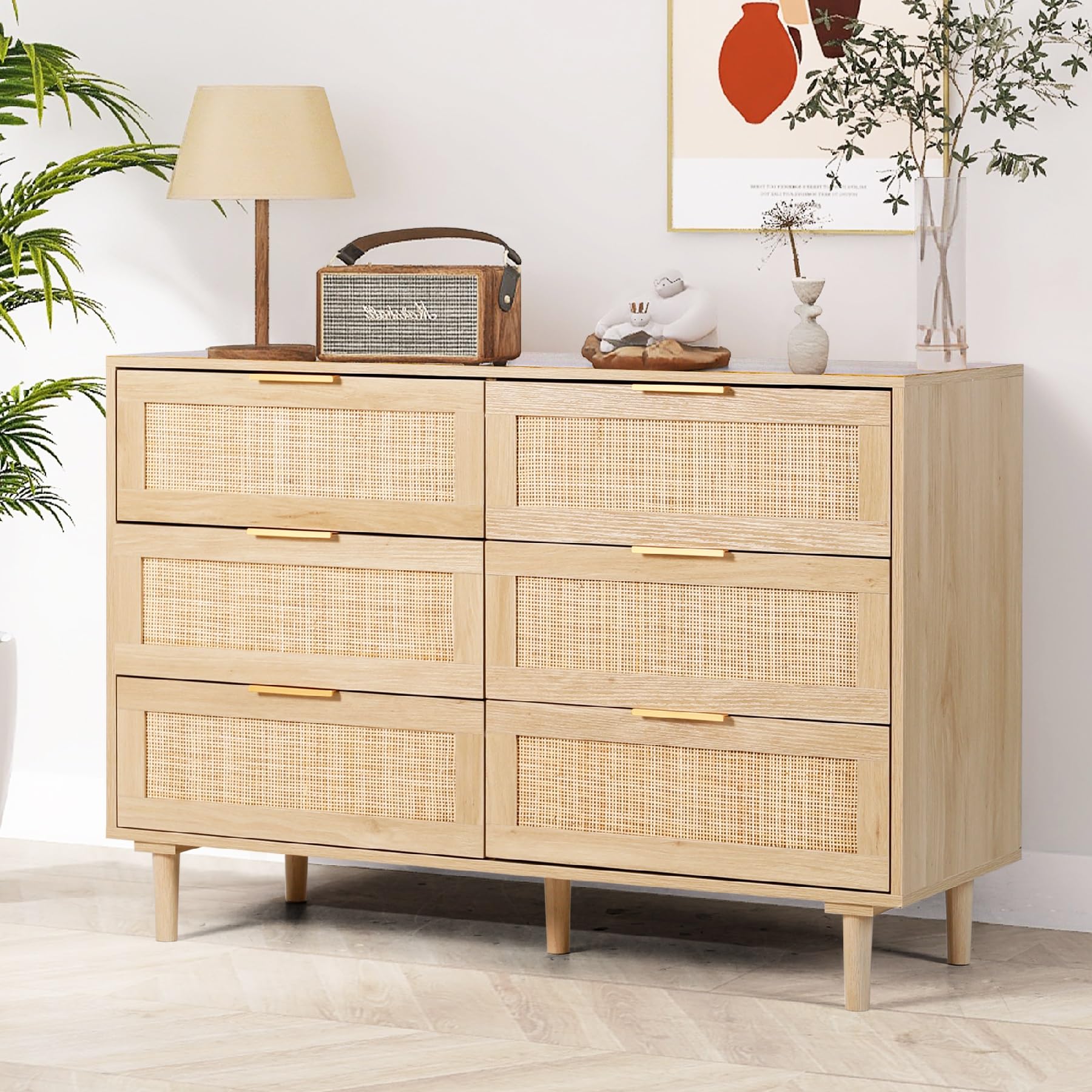 FUQARHY Rattan Dresser for Bedroom, Modern 6 Drawer Double Dresser with Gold Handles, Wood Storage Chest of Drawers fo Bedroom,Living Room,Hallway (Natural)