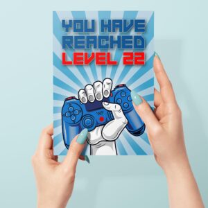 22nd Birthday Card, You Have Reached Level 22, Greeting Card for Twenty-Two Year Old Gamer Birthday Gift for Adult Son or Daughter, For Him Her Grandson Granddaughter, Blue