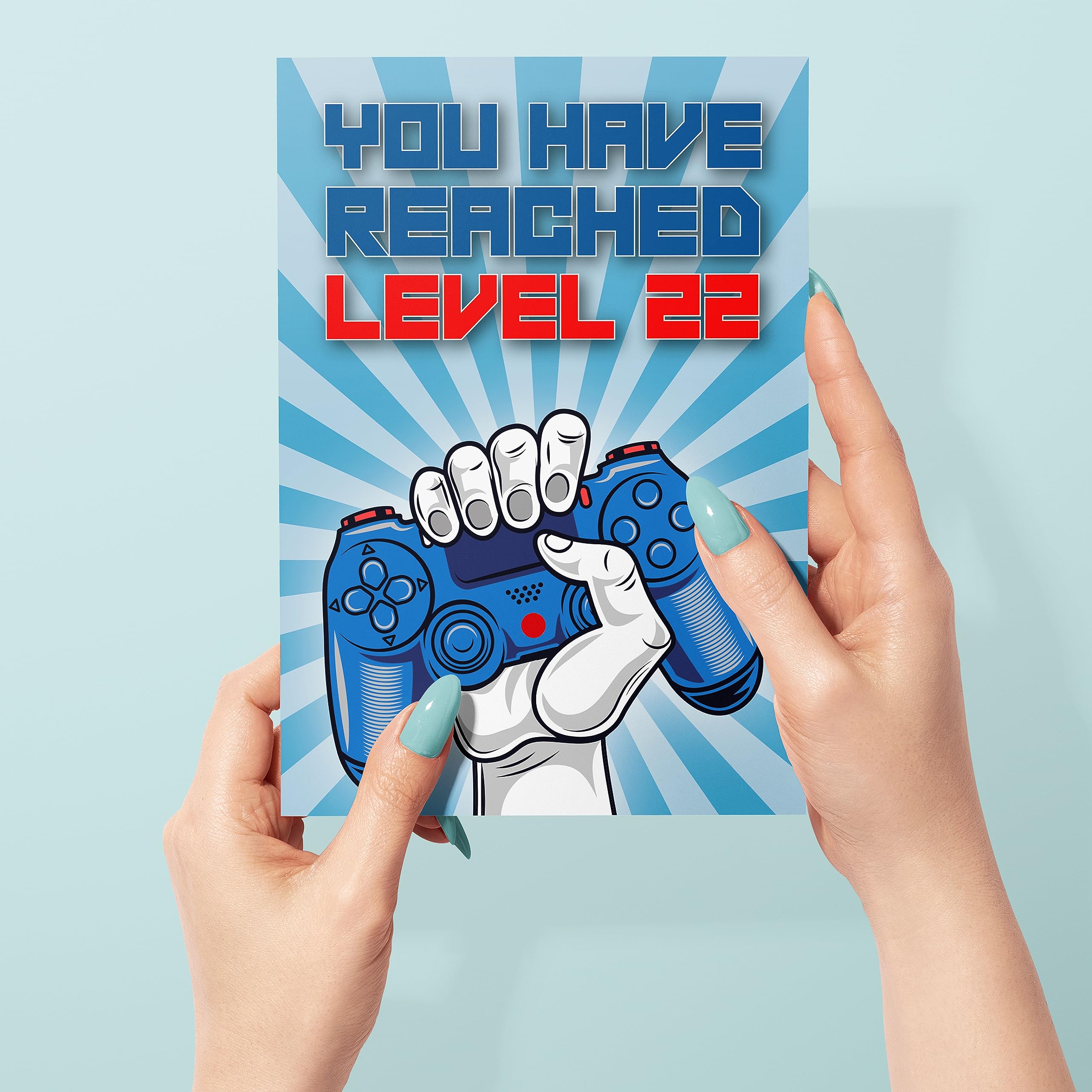 22nd Birthday Card, You Have Reached Level 22, Greeting Card for Twenty-Two Year Old Gamer Birthday Gift for Adult Son or Daughter, For Him Her Grandson Granddaughter, Blue