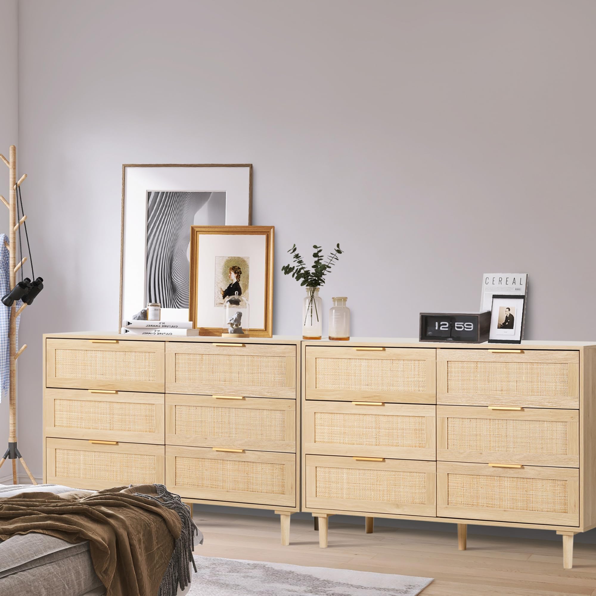 FUQARHY 6 Drawer Dresser Rattan Dresser Modern Chest with Drawers,Wood Storage Closet Dressers Chest of Drawers for Bedroom,Living Room,Hallway (Natural)