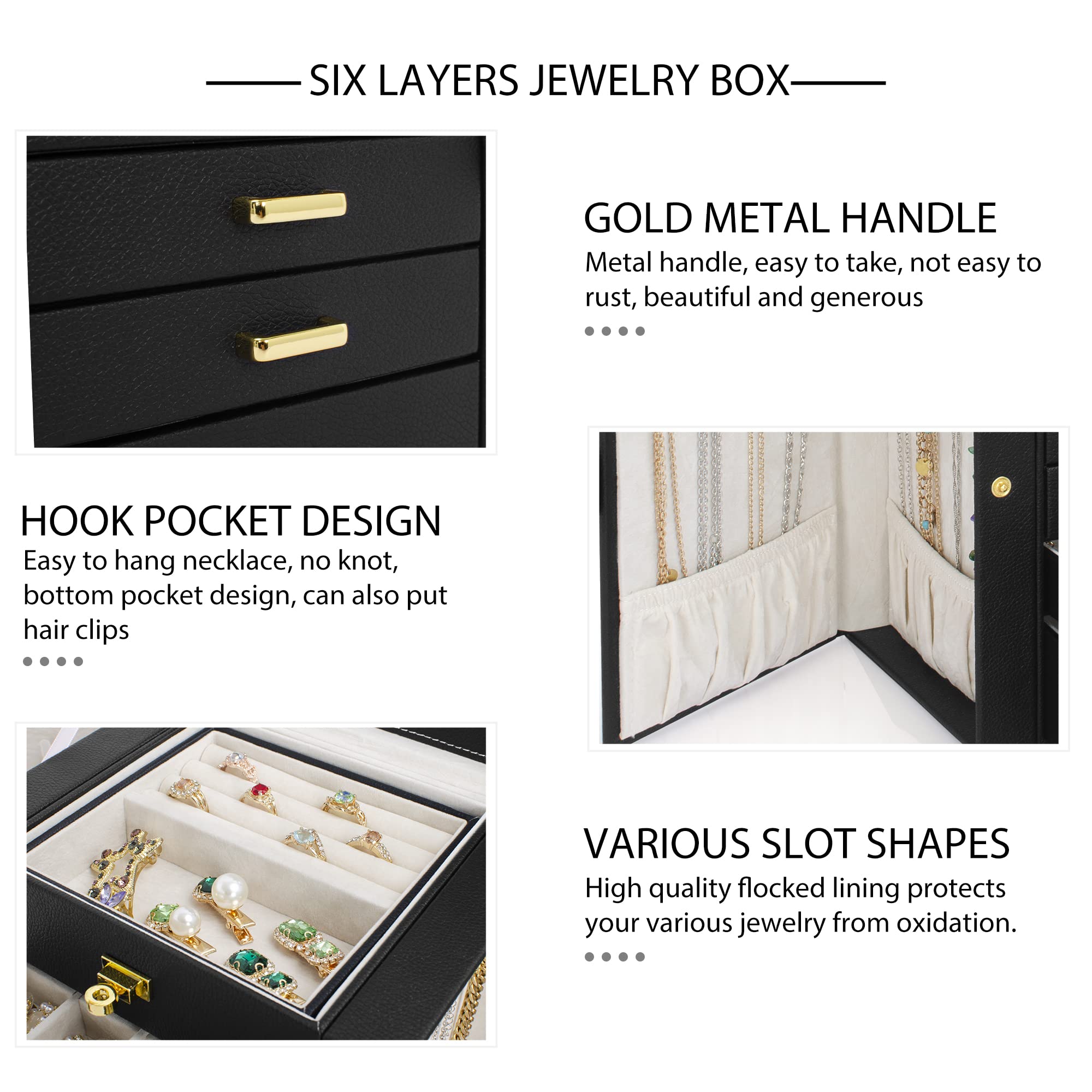 AKOZLIN Jewelry Box Organizer Functional Leather Jewelry Storage Case for Women Girls Ring Necklace Earring Bracelet Holder Organizer with Mirror Black