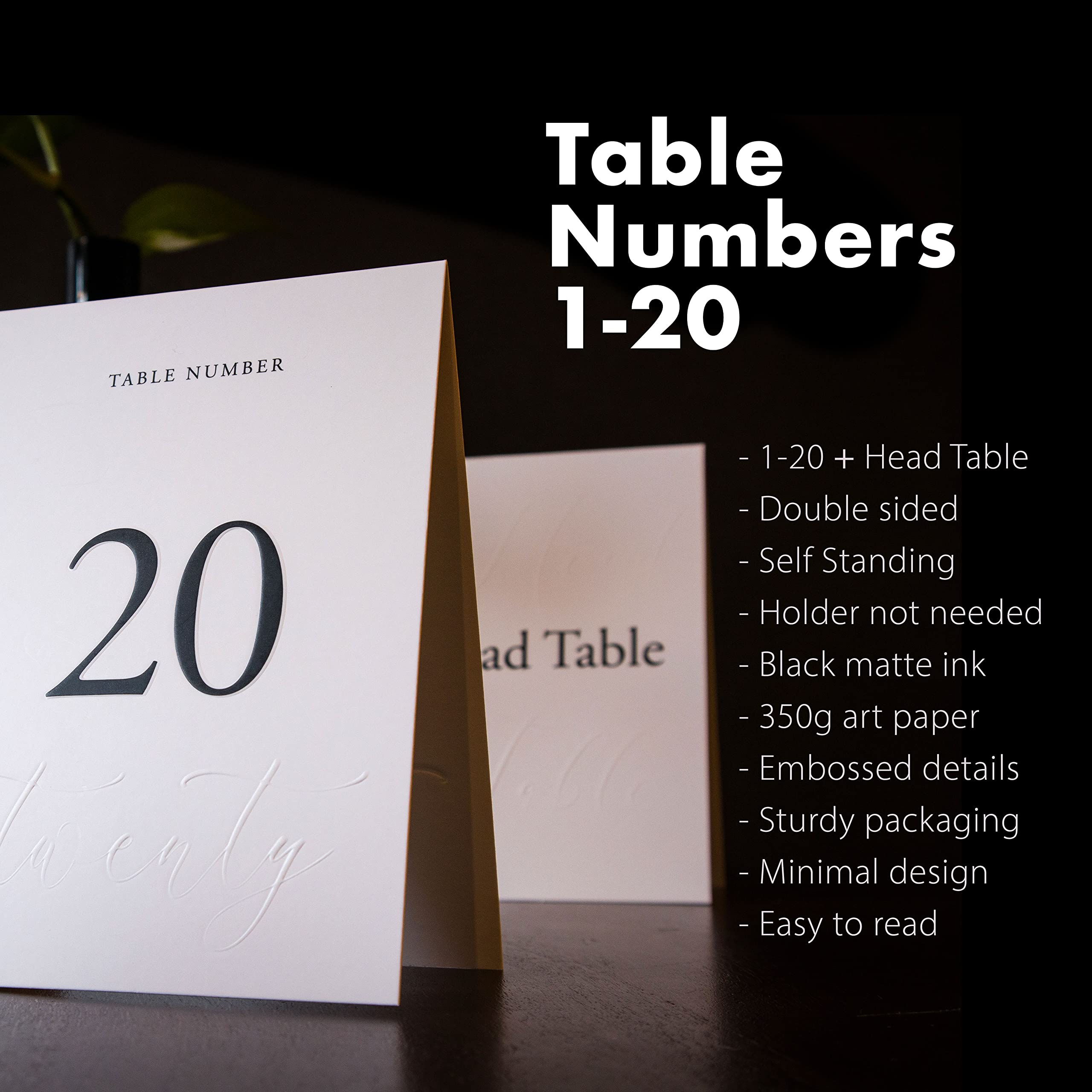 Siko Table Numbers 1-20 - Double Sided Wedding Table Numbers with Head Table Card & Embossed Details - 4x6 inches, Self-Standing Table Cards for Wedding Reception | Perfect for Special Occasion Events