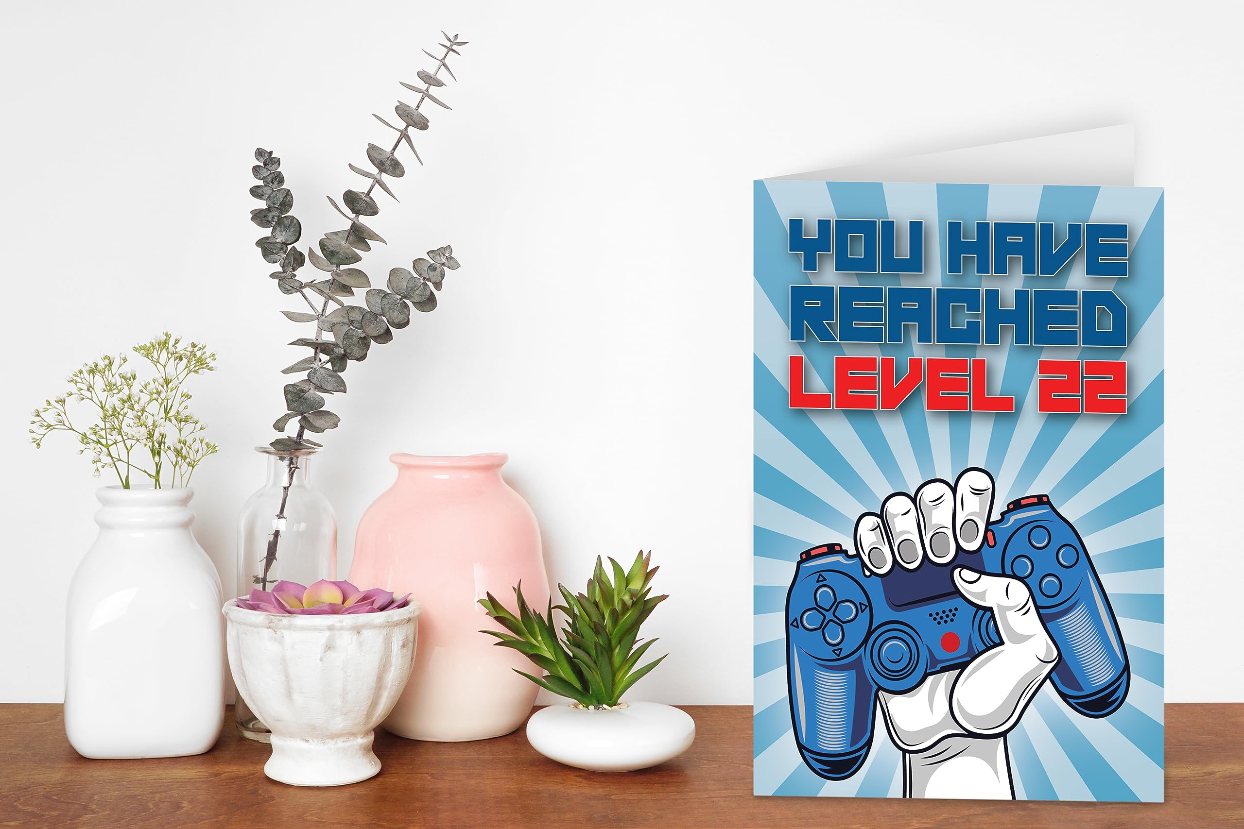 22nd Birthday Card, You Have Reached Level 22, Greeting Card for Twenty-Two Year Old Gamer Birthday Gift for Adult Son or Daughter, For Him Her Grandson Granddaughter, Blue