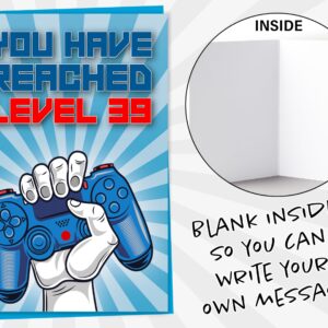 39th Birthday Card, You Have Reached Level 39, Greeting Card for Thirty-Nine Year Old Gamer Birthday Gift for Adult Son or Daughter, For Him Her Mom Dad, Blue