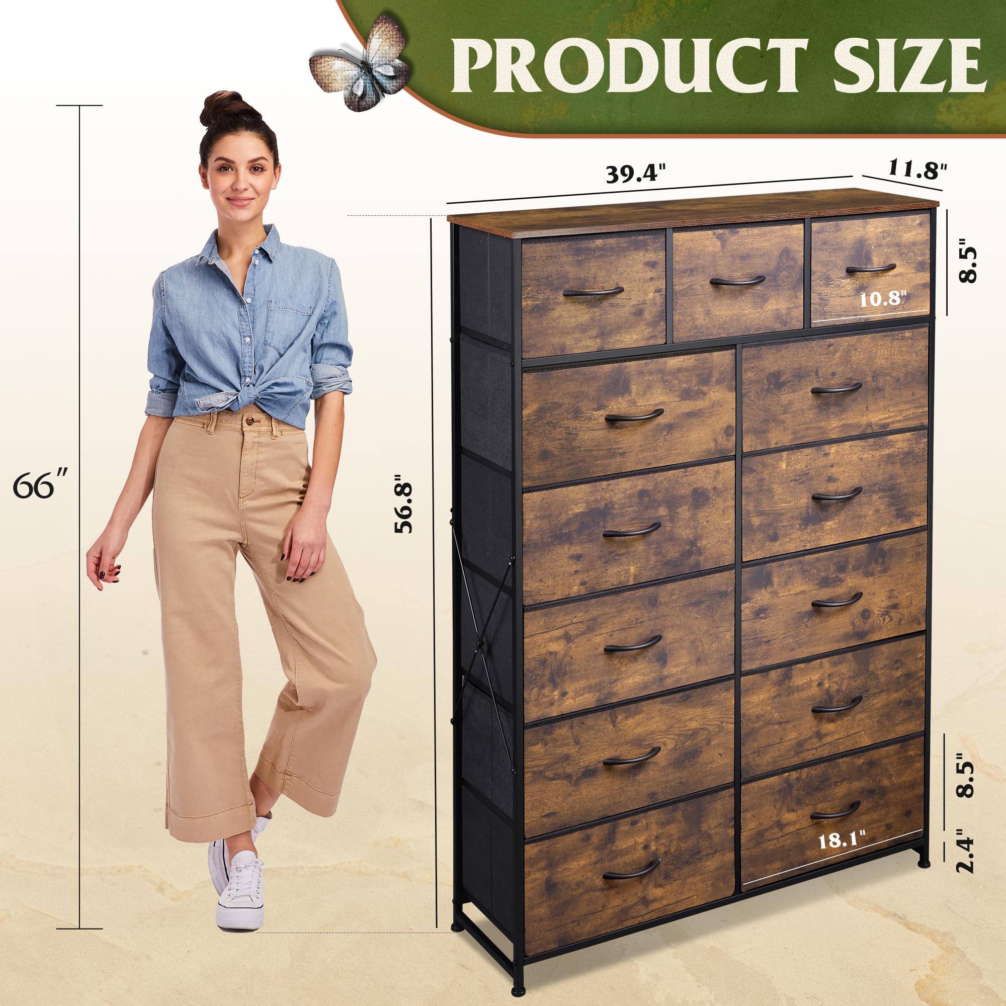 WLIVE Tall Dresser for Bedroom with 13 Drawers, Storage Dresser Organizer Unit, Fabric Dresser for Bedroom, Closet, Chest of Drawers, Steel Frame, Wood Top, Rustic Brown Wood Grain Print