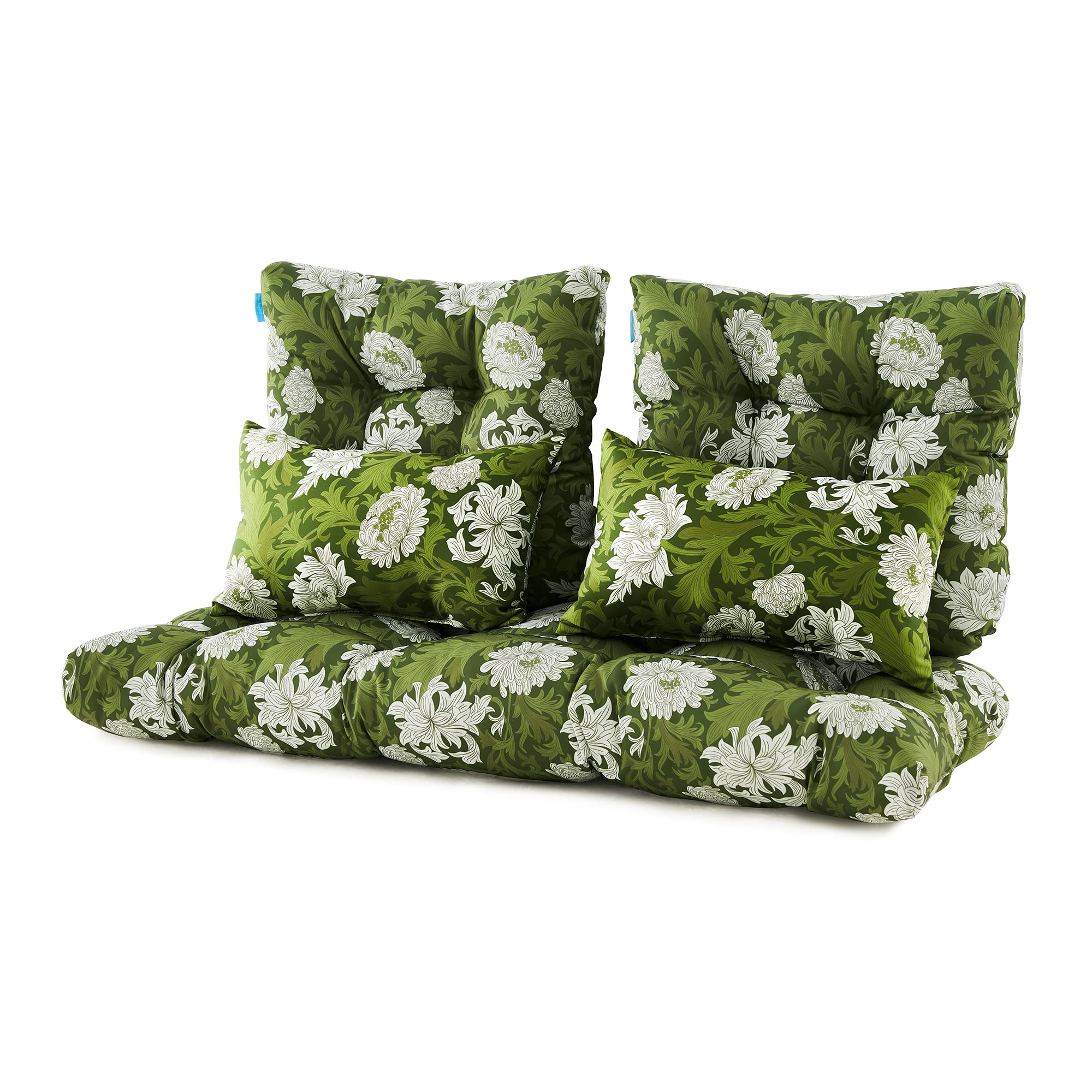 ARTPLAN Outdoor Cushions for Settee,Wicker Loveseat Cushions with Tie,Tufted Patio Cushions 2 U-Shaped Set of 5 Piece,L44xW19,Floral,Grass Green