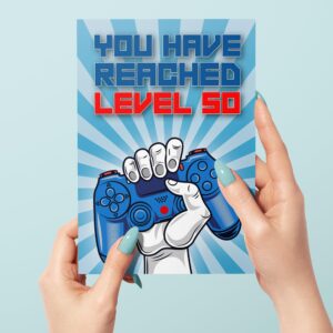 50th Birthday Card, You Have Reached Level 50, Greeting Card for Fifty Year Old Gamer Birthday Gift for Adult Son or Daughter, For Him Her Mom Dad, Blue