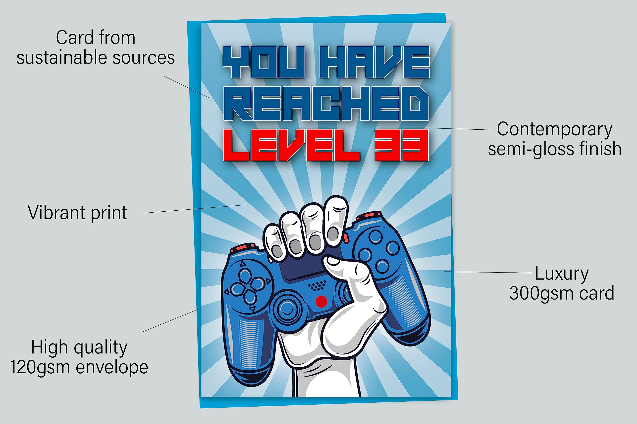 33rd Birthday Card, You Have Reached Level 33, Greeting Card for Thirty-Three Year Old Gamer Birthday Gift for Adult Son or Daughter, For Him Her Grandson Granddaughter, Blue