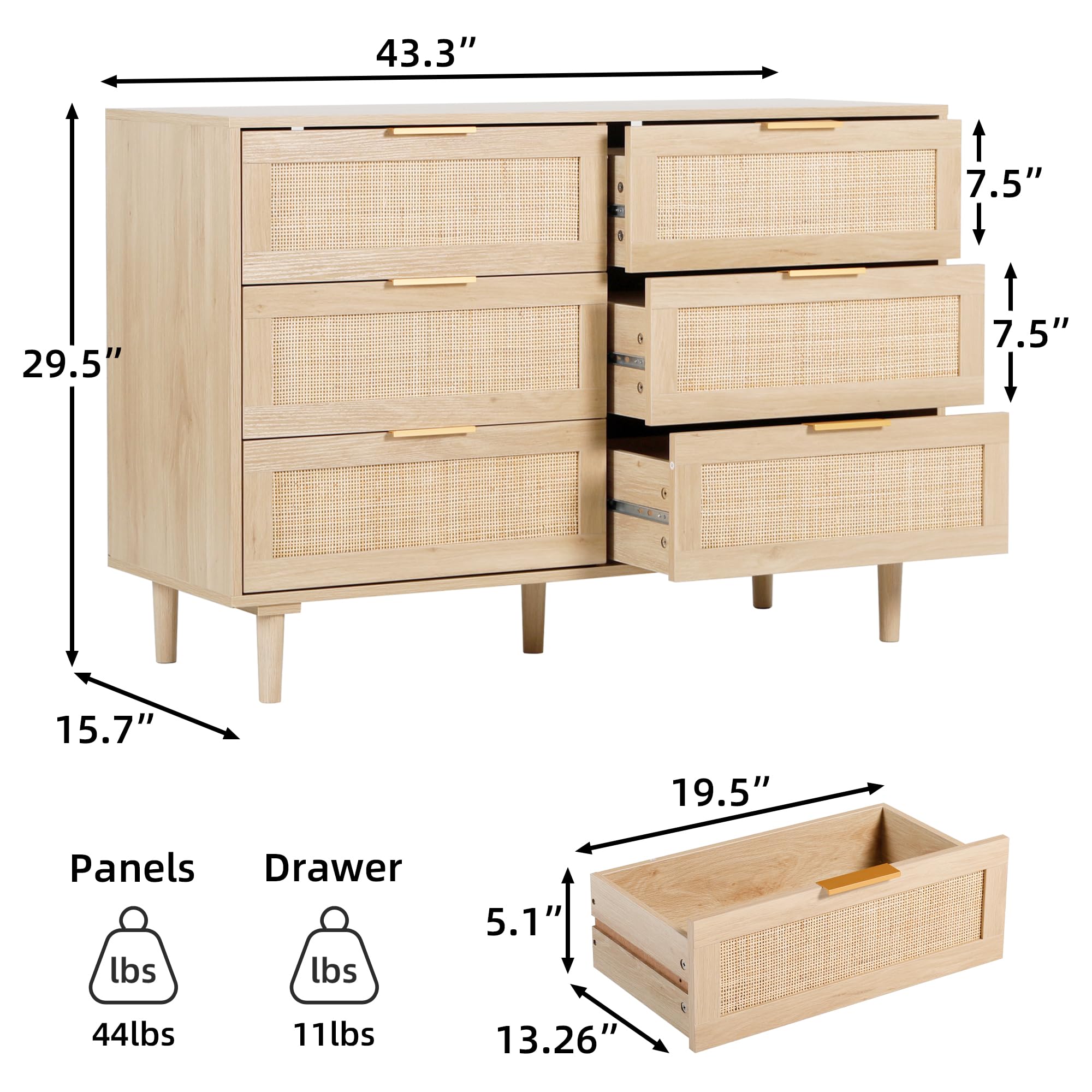 FUQARHY Rattan Dresser for Bedroom, Modern 6 Drawer Double Dresser with Gold Handles, Wood Storage Chest of Drawers fo Bedroom,Living Room,Hallway (Natural)