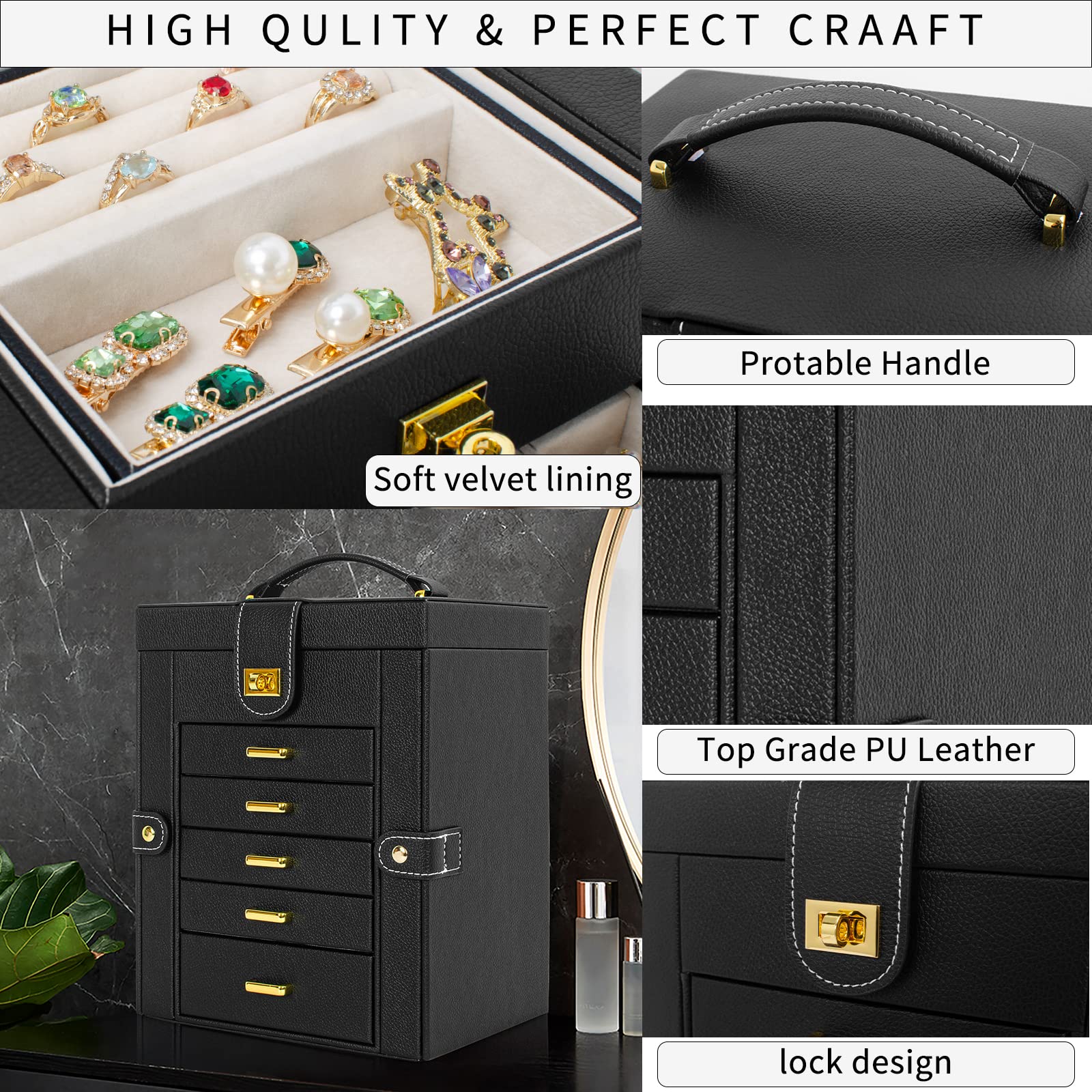 AKOZLIN Jewelry Box Organizer Functional Leather Jewelry Storage Case for Women Girls Ring Necklace Earring Bracelet Holder Organizer with Mirror Black