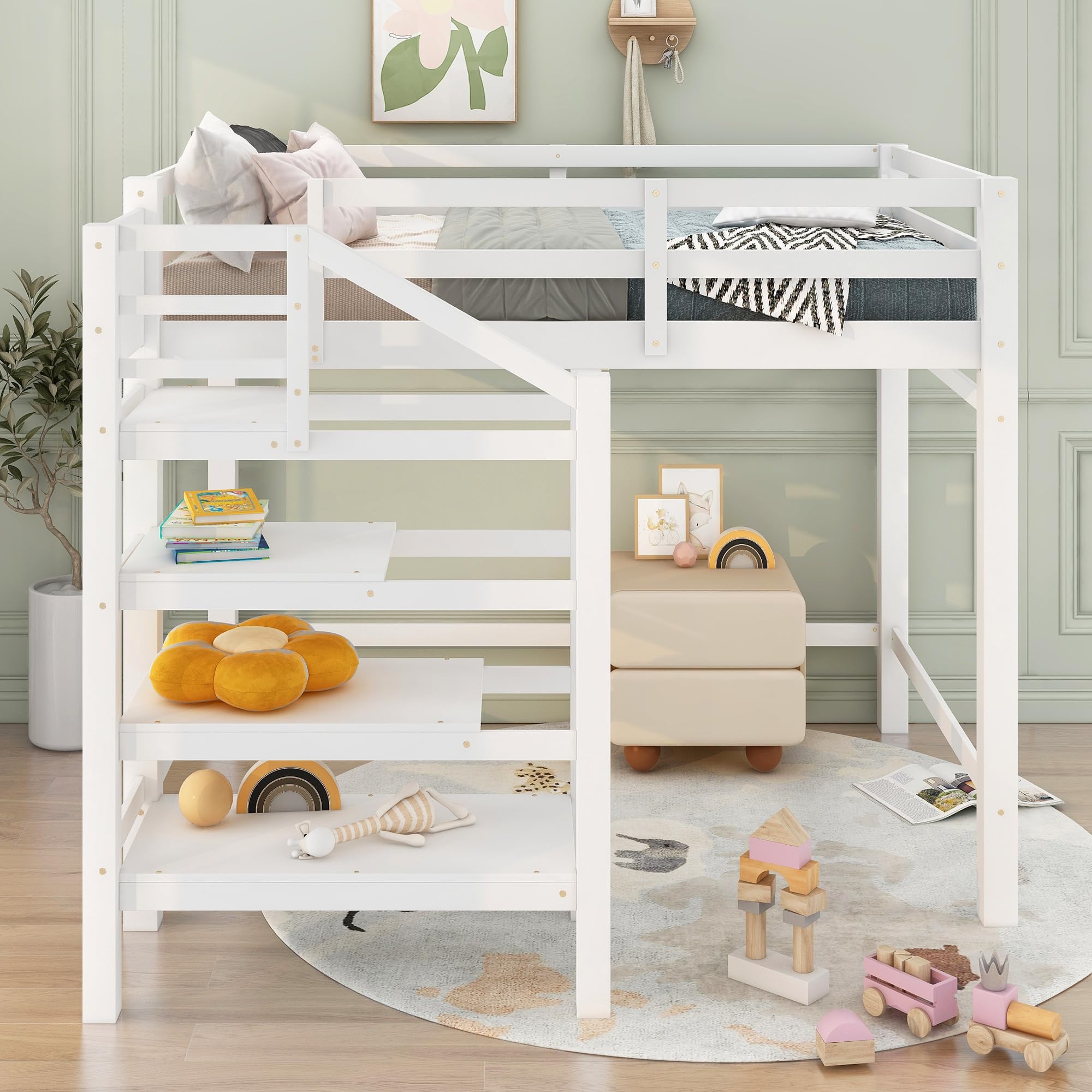 Full Loft Bed with Stairs Wood Frame Storage Shelves and Hanging Rod White Beds for Kids Boys Girls Adults Teens Dorm Bedroom, Full Size White With Stairs