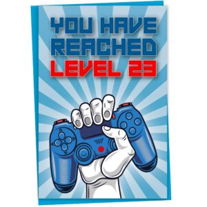 23rd birthday card, you have reached level 23, greeting card for twenty-three year old gamer birthday gift for adult son or daughter, for him her grandson granddaughter, blue