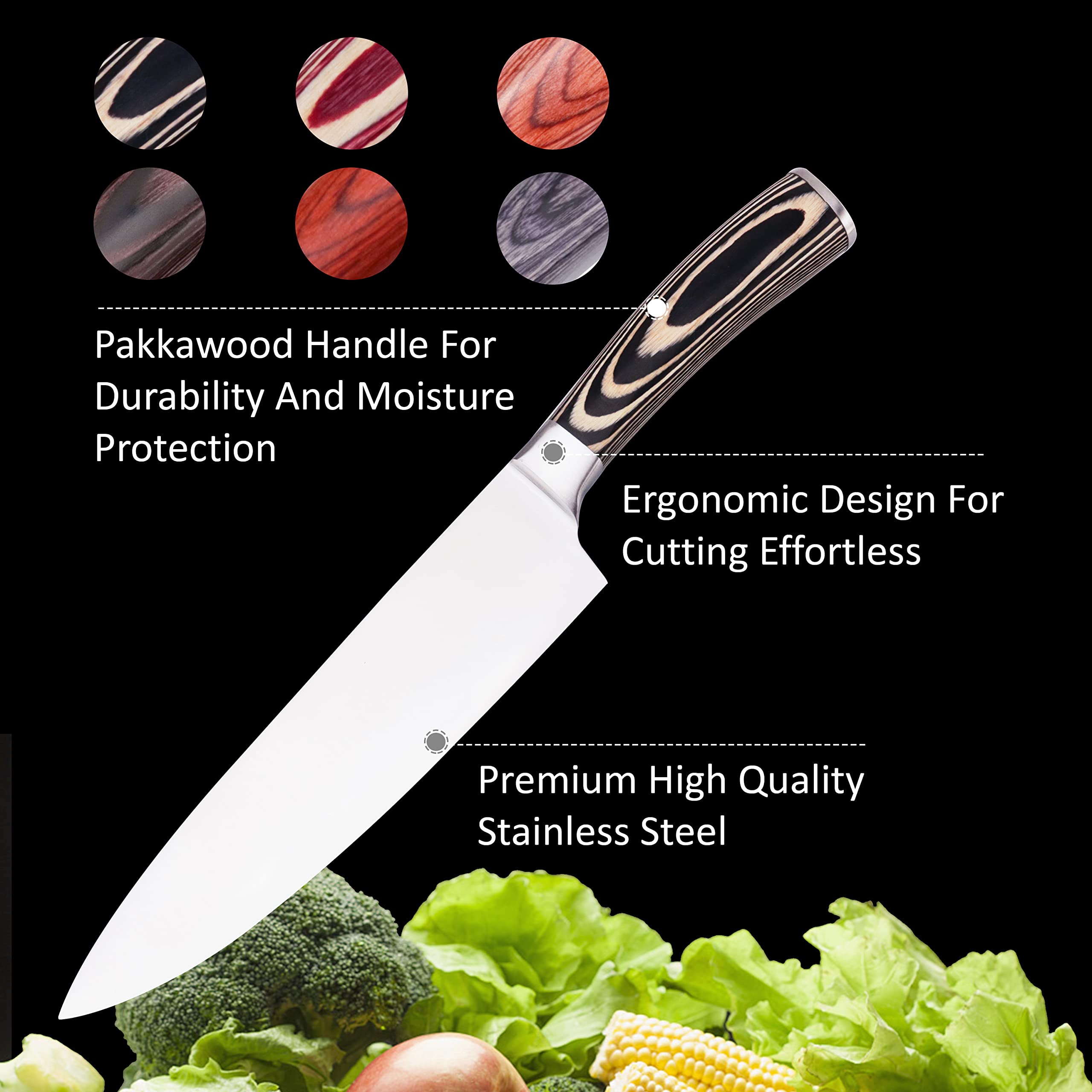 LUVCOSY Colorful Pakkawood Kitchen Knife Set of 6, Stainless Steel Chef Knife with Gift Box, Razor Sharp Bread Knife/Grill Knife/Utility Knife/Paring Knife/Santoku Knife for Home/Kitchen