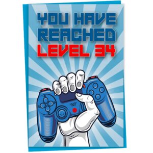 34th birthday card, you have reached level 34, greeting card for thirty-four year old gamer birthday gift for adult son or daughter, for him her grandson granddaughter, blue