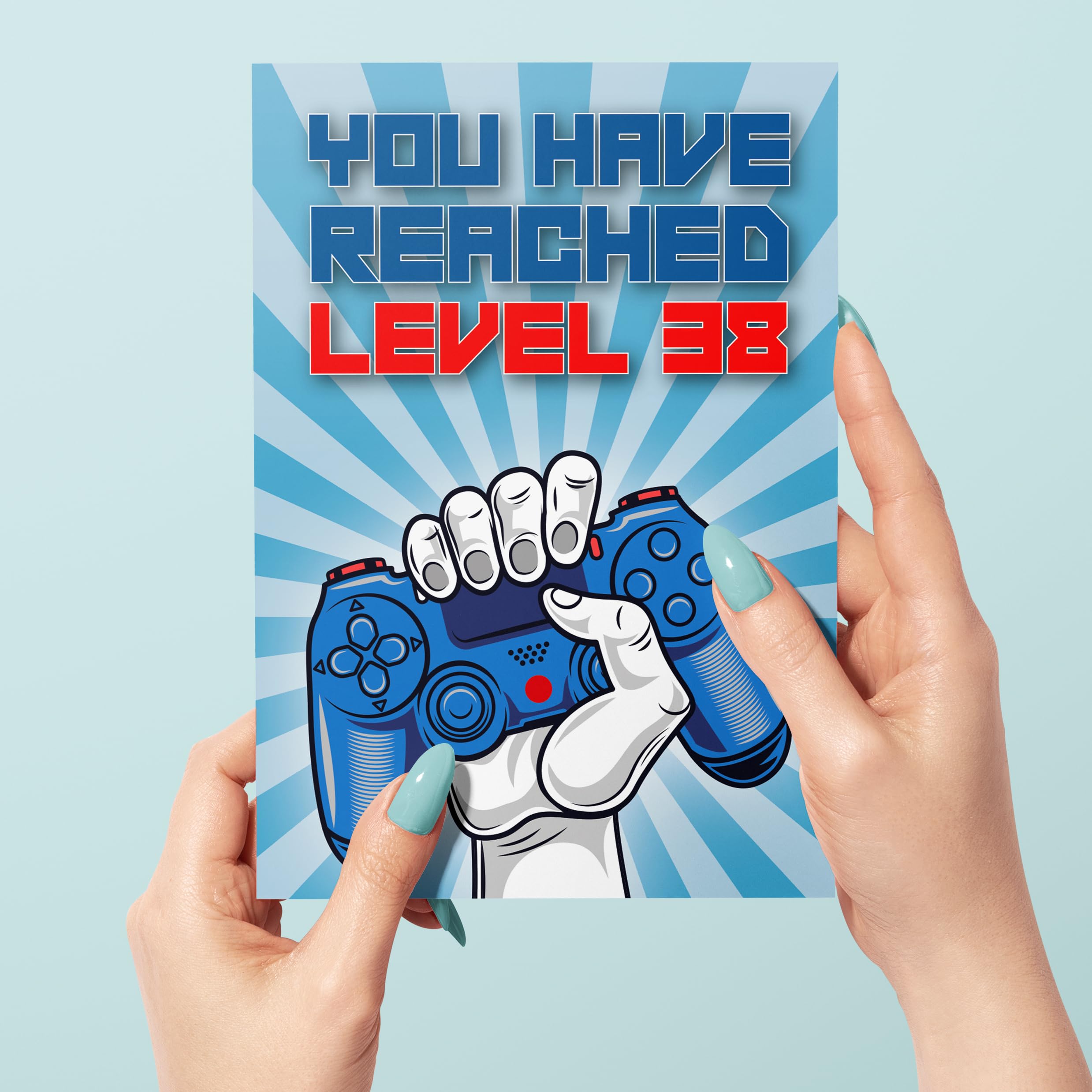 38th Birthday Card, You Have Reached Level 38, Greeting Card for Thirty-Eight Year Old Gamer Birthday Gift for Adult Son or Daughter, For Him Her Mom Dad, Blue