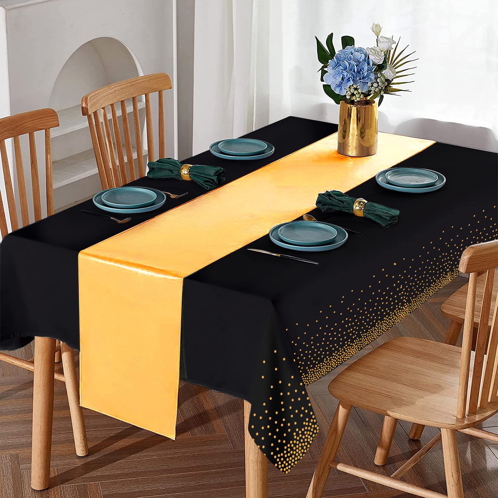 8Pack Disposable Plastic Tablecloths and Satin Table Runner Set Black Gold Dot Table Cloth Gold Satin Table Runner for Graduation Wedding Birthday Baby Shower Anniversary Holiday Party Decorations