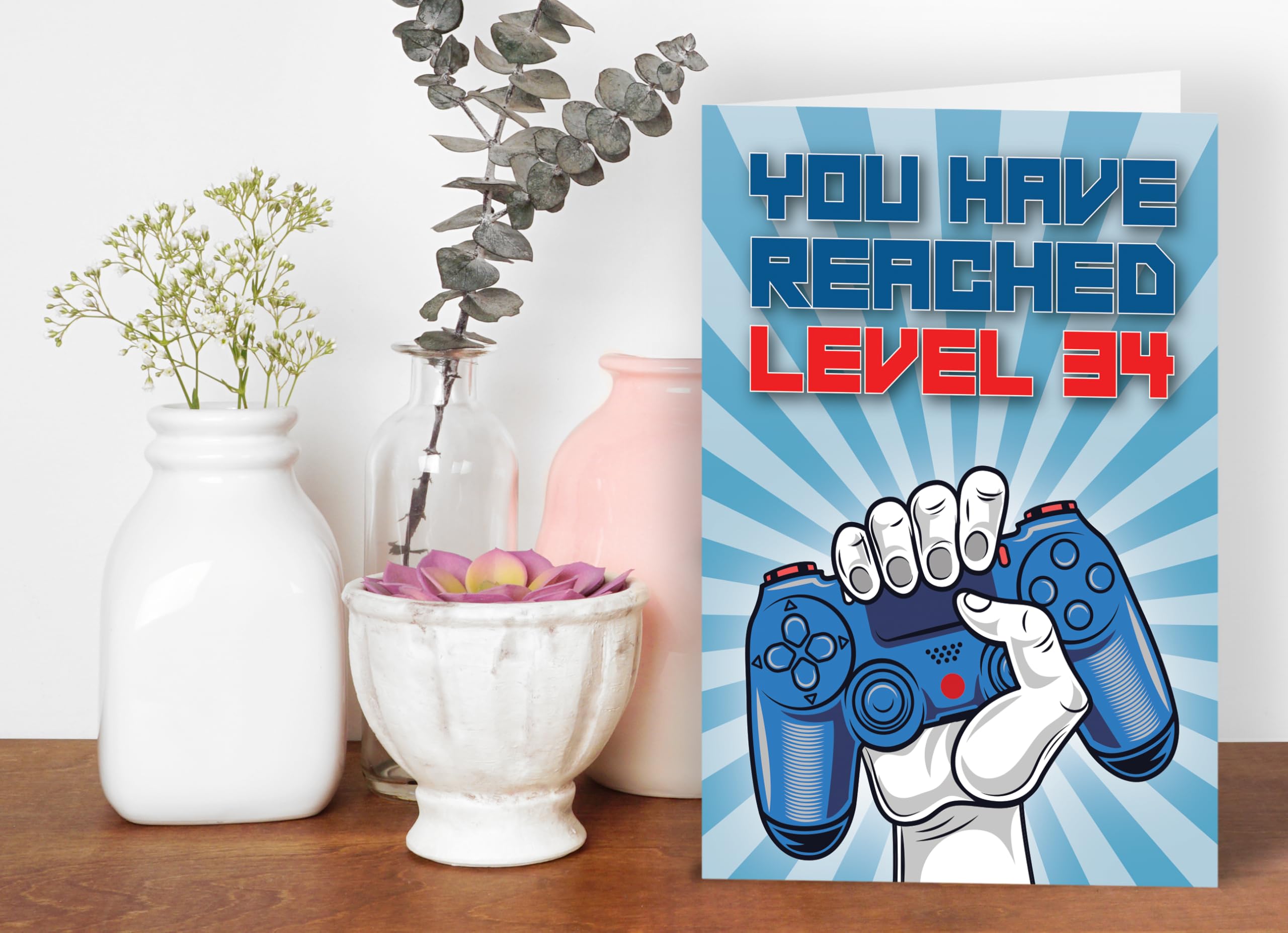 34th Birthday Card, You Have Reached Level 34, Greeting Card for Thirty-Four Year Old Gamer Birthday Gift for Adult Son or Daughter, For Him Her Grandson Granddaughter, Blue