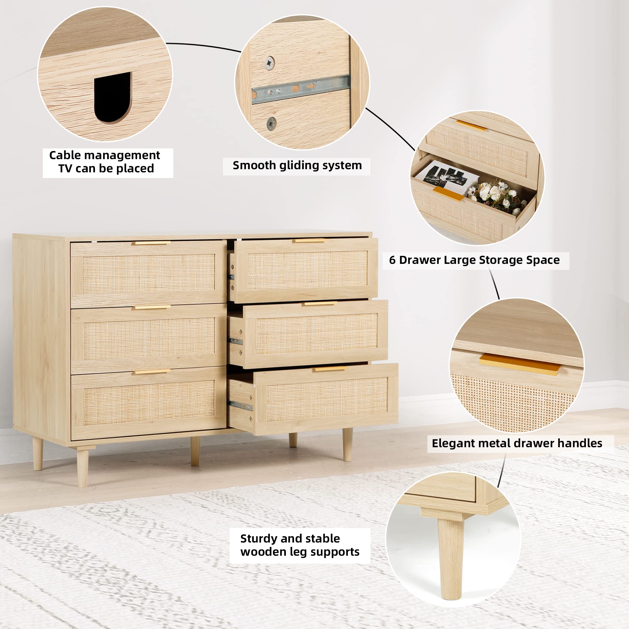 FUQARHY 6 Drawer Dresser Rattan Dresser Modern Chest with Drawers,Wood Storage Closet Dressers Chest of Drawers for Bedroom,Living Room,Hallway (Natural)