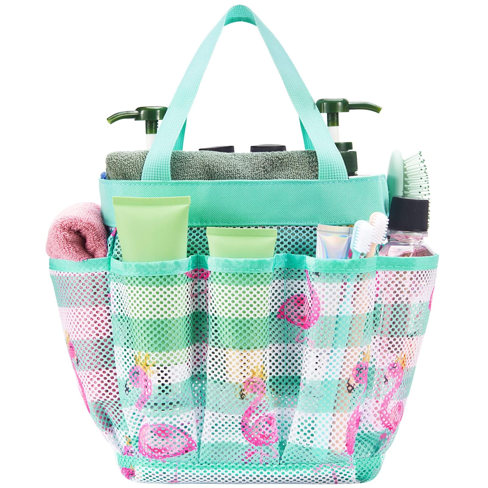 WAWSAM Flamingo Shower Bag for Dorm Room - 9” x 9” x 9.5” Mesh Shower Caddy for Women Students Portable Toiletry Bag with 8 Pocket Large Capacity Shower Tote for Gym College Bathroom Beach