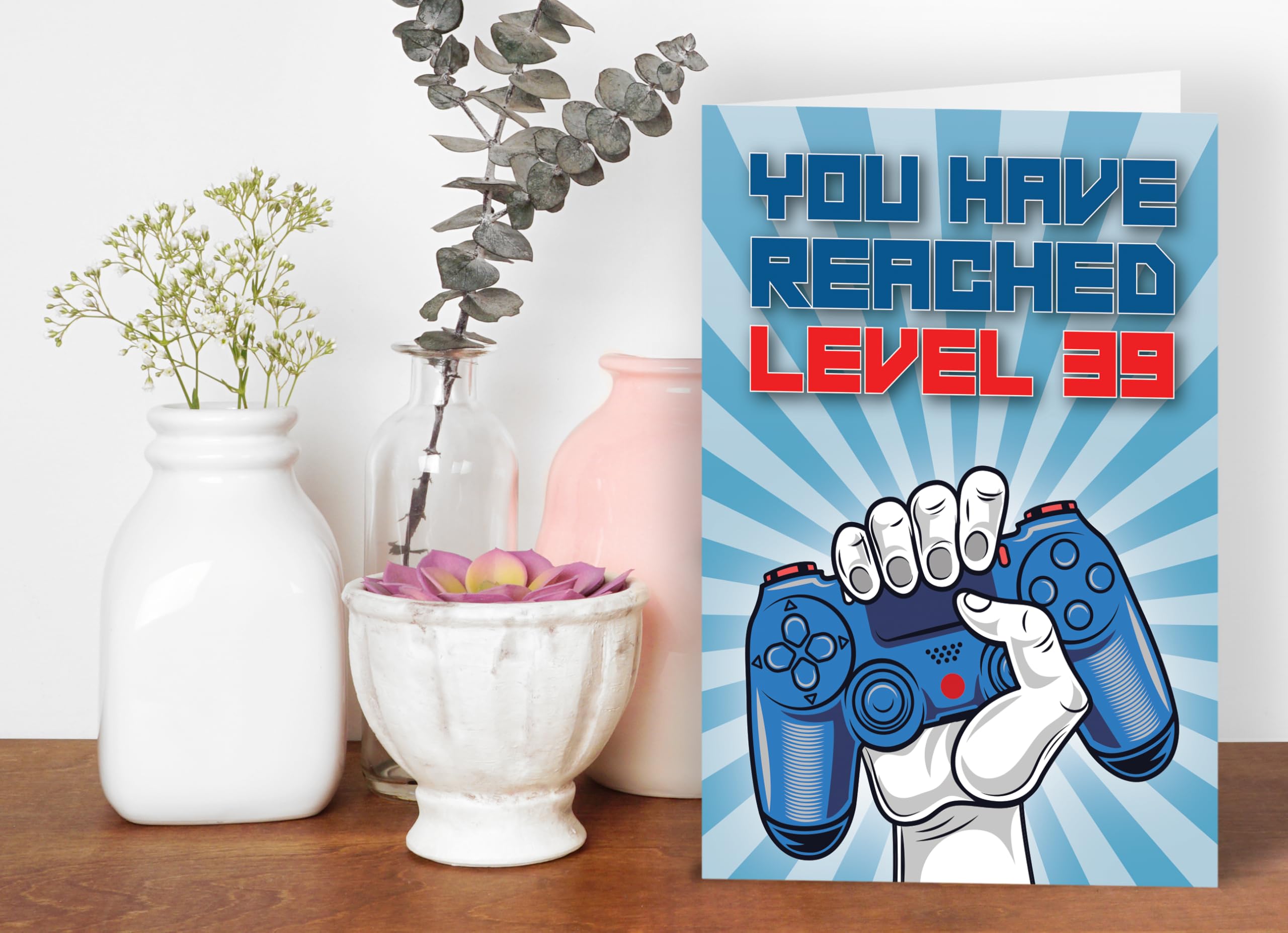 39th Birthday Card, You Have Reached Level 39, Greeting Card for Thirty-Nine Year Old Gamer Birthday Gift for Adult Son or Daughter, For Him Her Mom Dad, Blue