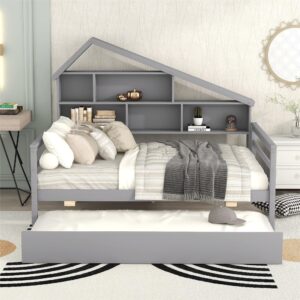 Full Size Platform Bed with Bookcase Headboard, Full Bed Frame with Trundle and Storage Shelves Wood Daybed Captain Beds with Slats Support for Kids Boys Girls Teens, Gray