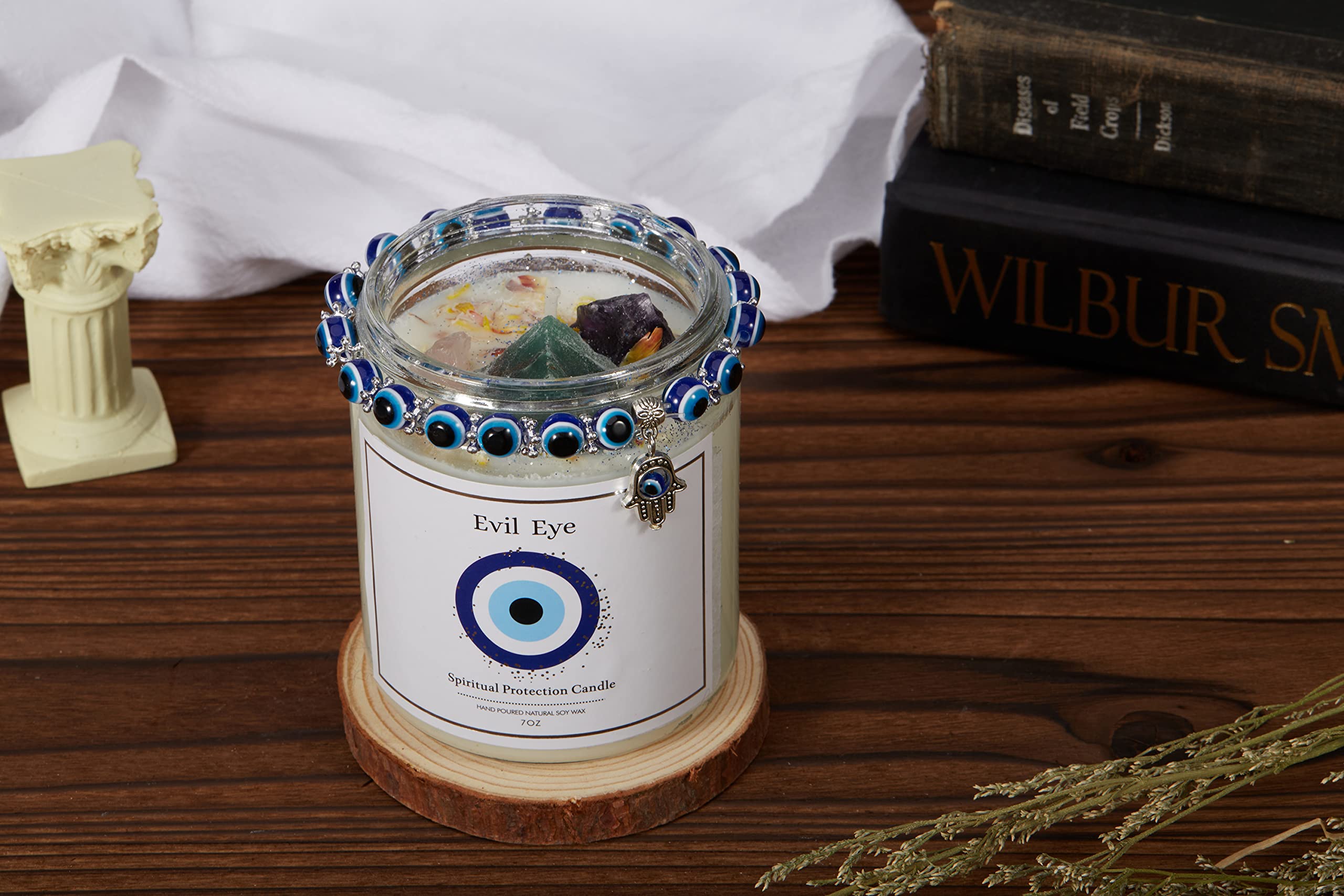 Evil Eye Candle - Evil Eye Decor, Evil Eye Spiritual Protection Candle with Crystals Inside, Healing Crystals Candle, Lavender Scented Candle for Relaxing,Chakra,Luck,Healing,Good Energy