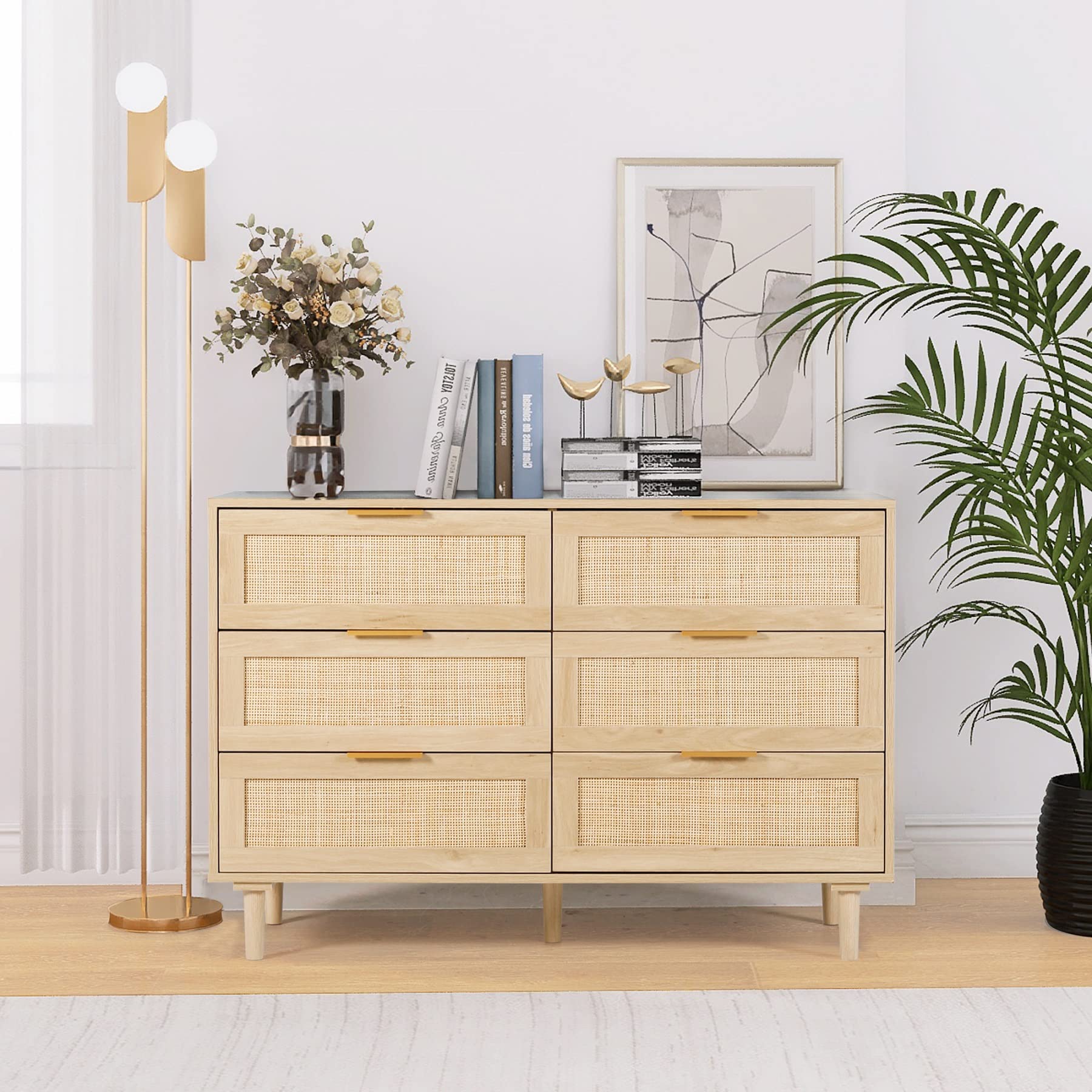 FUQARHY Rattan Dresser for Bedroom, Modern 6 Drawer Double Dresser with Gold Handles, Wood Storage Chest of Drawers fo Bedroom,Living Room,Hallway (Natural)