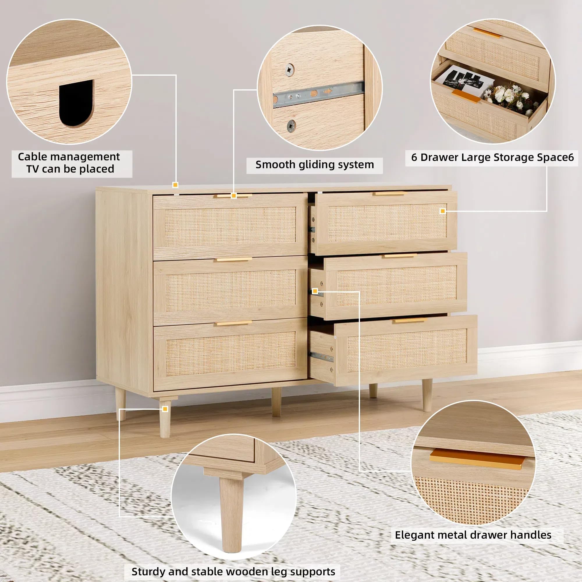 FUQARHY Rattan Dresser for Bedroom, Modern 6 Drawer Double Dresser with Gold Handles, Wood Storage Chest of Drawers fo Bedroom,Living Room,Hallway (Natural)