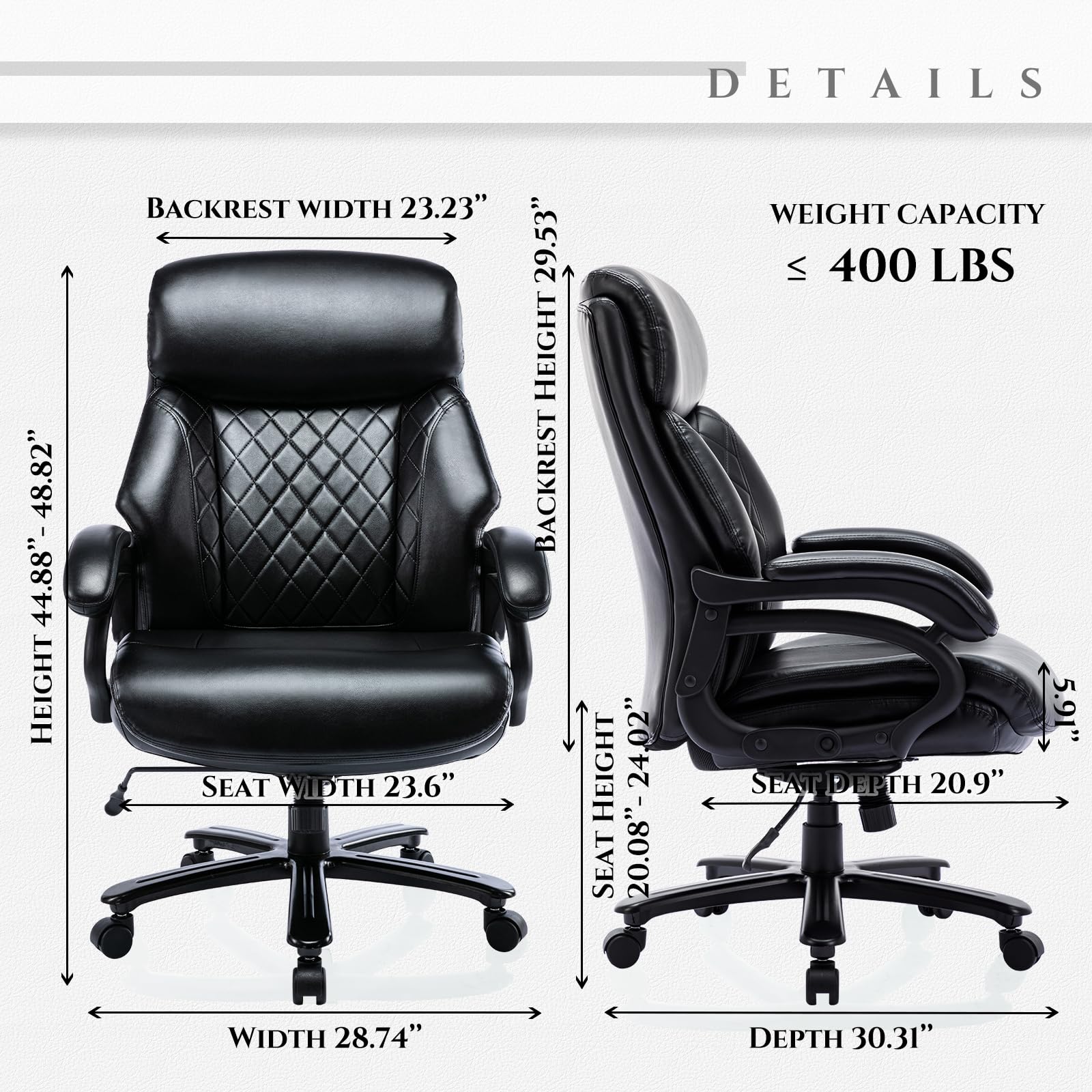 Big and Tall Office Chair 400lbs-Heavy Duty Executive Desk Chair with Extra Wide Seat, High Back Ergonomic Leather Computer Chair with Tilt Rock, Padded Armrests-Black