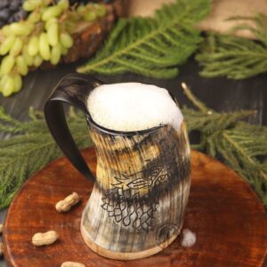 OLDEMPEROR Viking Drinking Horn Mug, 15-20oz| Shot Glass and Bottle Opener| Unique Handmade Viking Spacial Gifts for Men and Women - Food Grade Medieval Style (Fenrir)