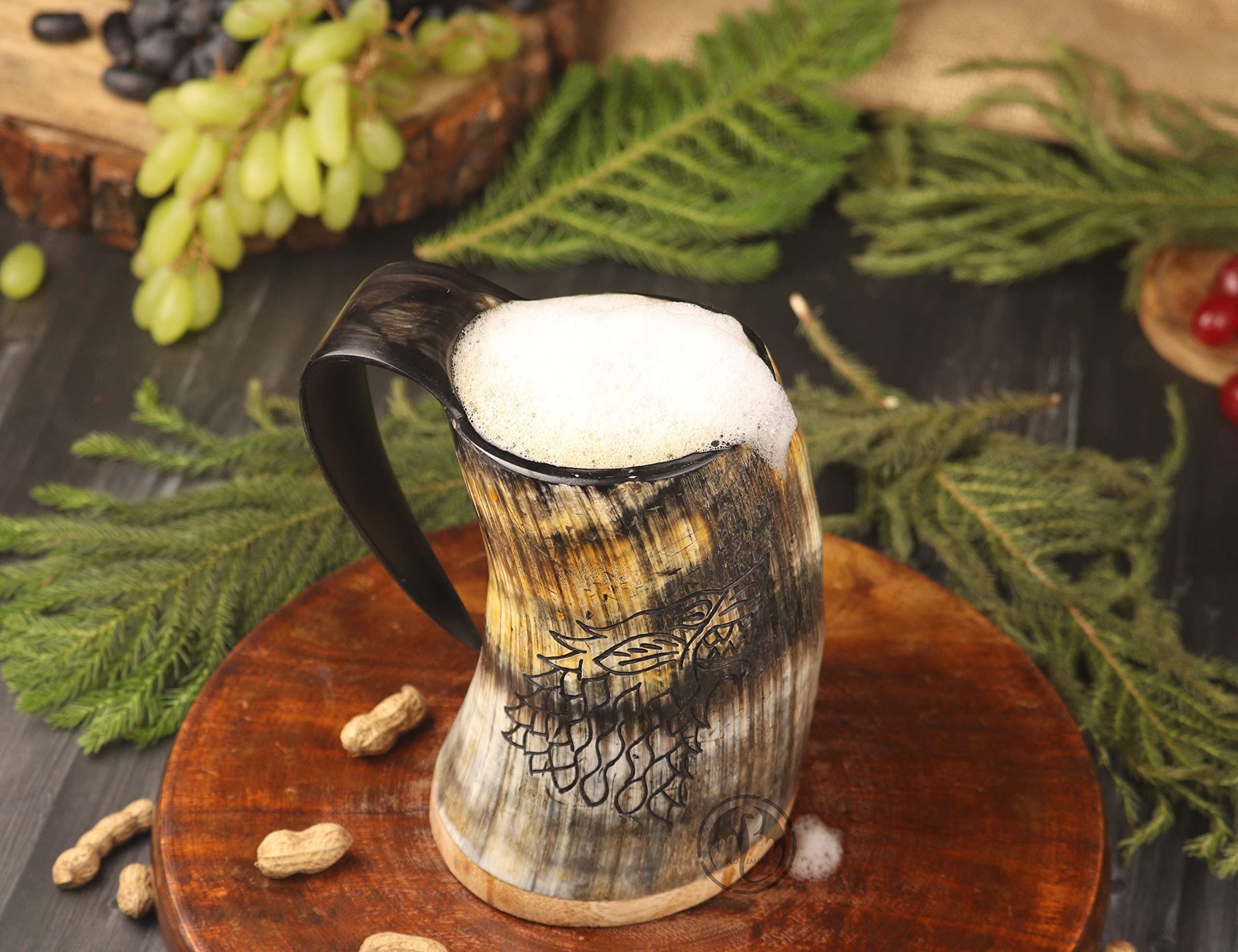 OLDEMPEROR Viking Drinking Horn Mug, 15-20oz| Shot Glass and Bottle Opener| Unique Handmade Viking Spacial Gifts for Men and Women - Food Grade Medieval Style (Fenrir)