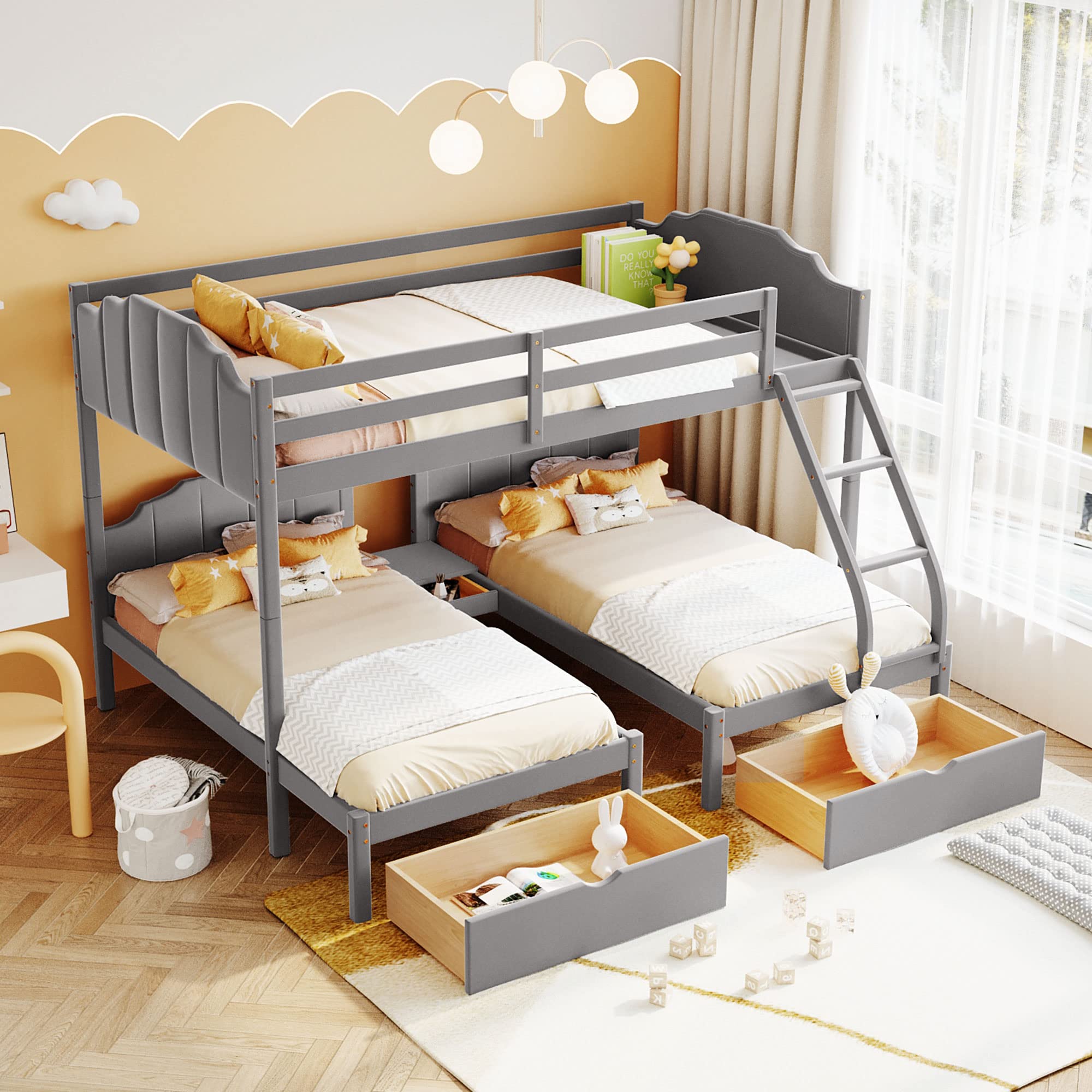 Bellemave Triple Bunk Beds Full Over Two Twin Bunk Bed with Storage Drawers Velvet Upholstered 3 Beds Bunk Bed for Adults Kids Teens Boys Girls, Gray