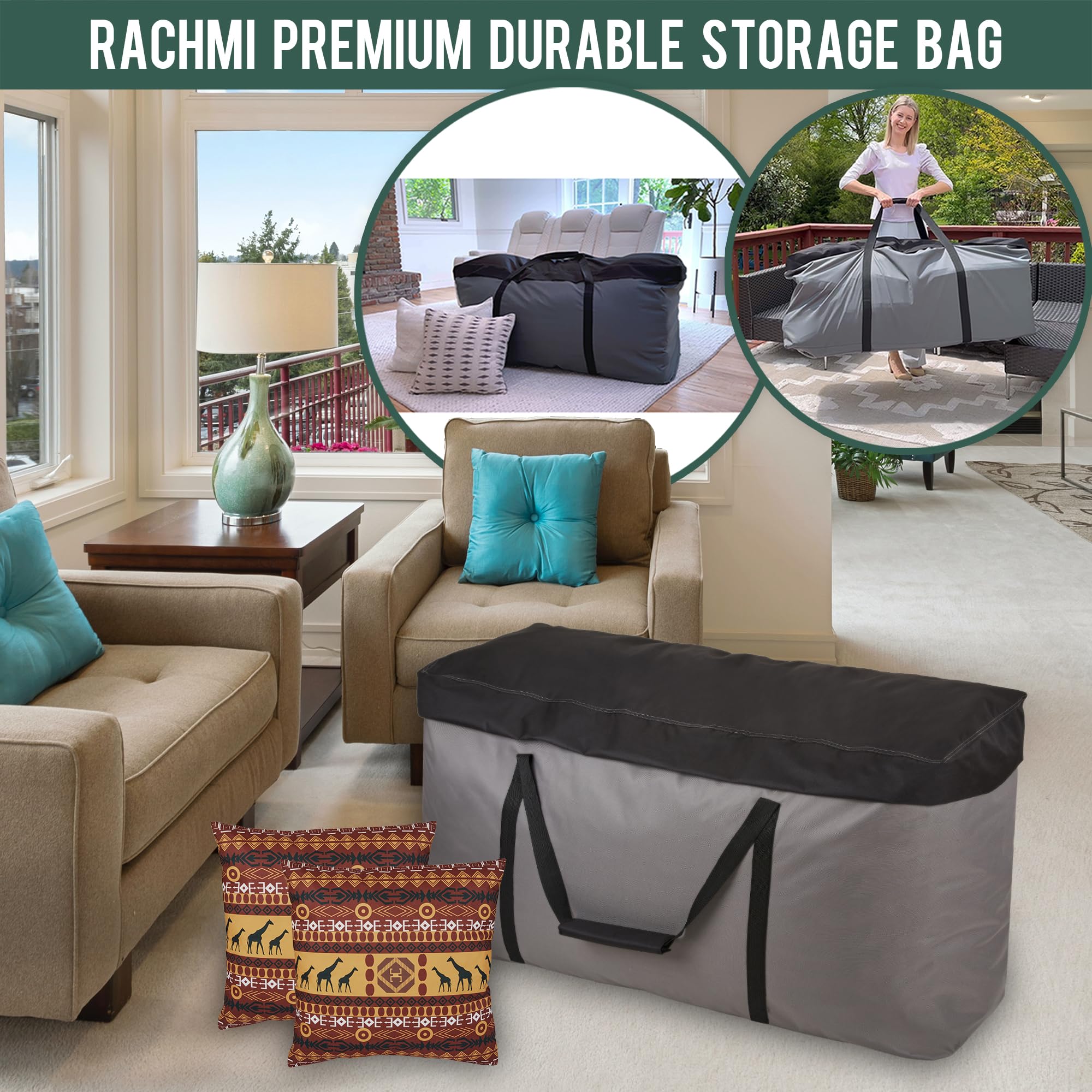 Rachmi Cushion Storage Bag (152 Gal) 60 Inch with Zipper & Padded Handle, Outdoor Oversized Heavy Duty 600D Water-resistant Moving Bag, (60"Wx20"Dx29"H, Extra Large)