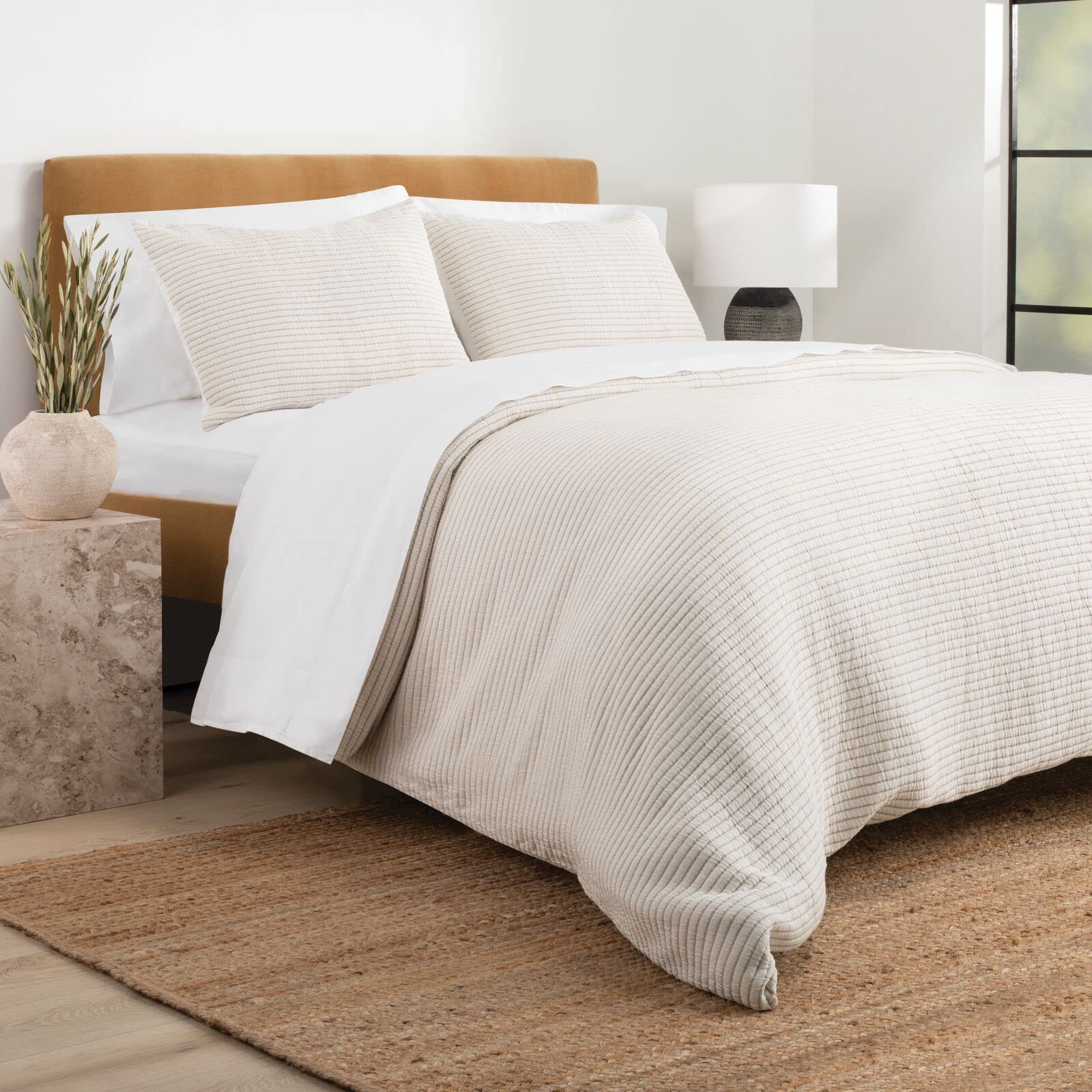 Nate Home by Nate Berkus 3-Piece Cotton Matelasse Duvet Cover Set | Lightweight Breathable Bedding from mDesign - King Size - Includes 1 Duvet Cover, 2 Pillow Shams, Pearl/Morel (Cream)