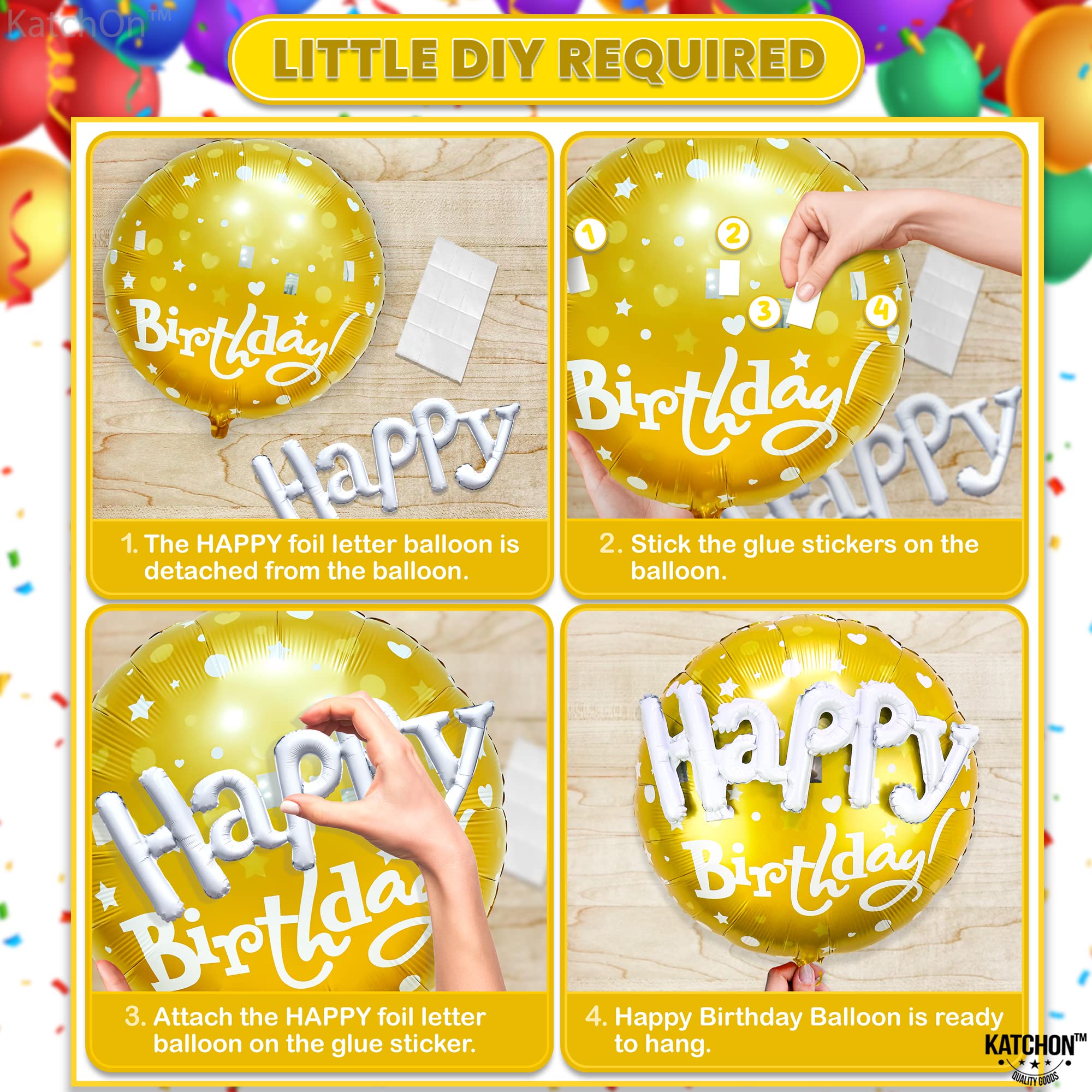 KatchOn, Gold Happy Birthday Balloon Set - 23 Inch, Big, Pack of 5 | Happy Birthday Mylar Balloons, Golden Birthday Balloons | Gold Star Balloons, Gold Foil Balloons | Black And Gold Party Decorations