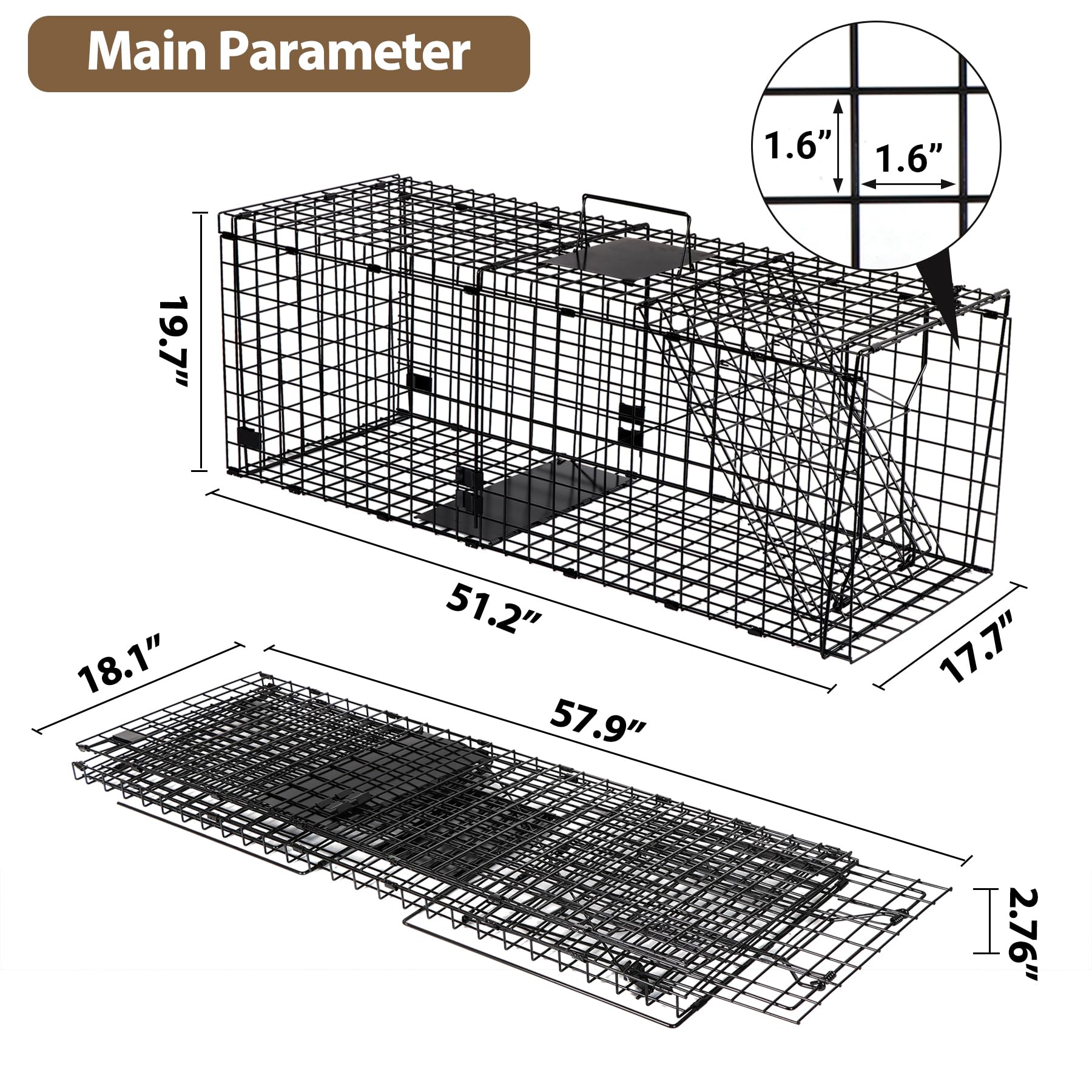 Toriexon Large Live Catch Animal Traps Black 51.2 x 19.7 x 17.7 inch, Easy to Set and Release Live Animal Trap, Collapsible Large Animal Catcher Cage for Large Dogs, Foxes