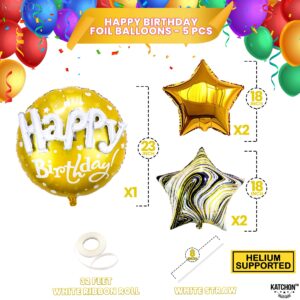 KatchOn, Gold Happy Birthday Balloon Set - 23 Inch, Big, Pack of 5 | Happy Birthday Mylar Balloons, Golden Birthday Balloons | Gold Star Balloons, Gold Foil Balloons | Black And Gold Party Decorations