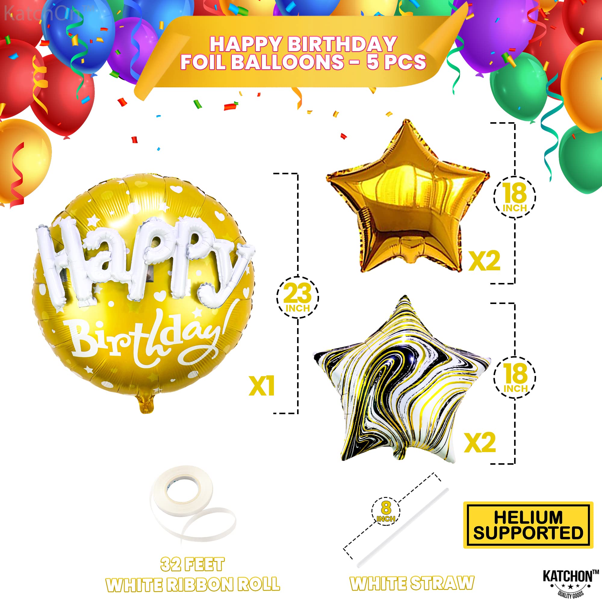 KatchOn, Gold Happy Birthday Balloon Set - 23 Inch, Big, Pack of 5 | Happy Birthday Mylar Balloons, Golden Birthday Balloons | Gold Star Balloons, Gold Foil Balloons | Black And Gold Party Decorations