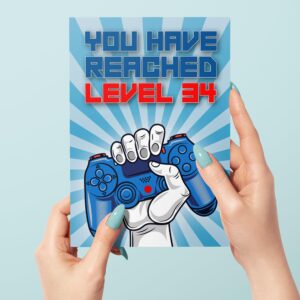 34th Birthday Card, You Have Reached Level 34, Greeting Card for Thirty-Four Year Old Gamer Birthday Gift for Adult Son or Daughter, For Him Her Grandson Granddaughter, Blue