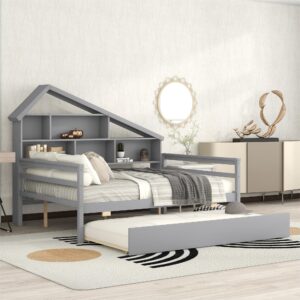 Full Size Platform Bed with Bookcase Headboard, Full Bed Frame with Trundle and Storage Shelves Wood Daybed Captain Beds with Slats Support for Kids Boys Girls Teens, Gray