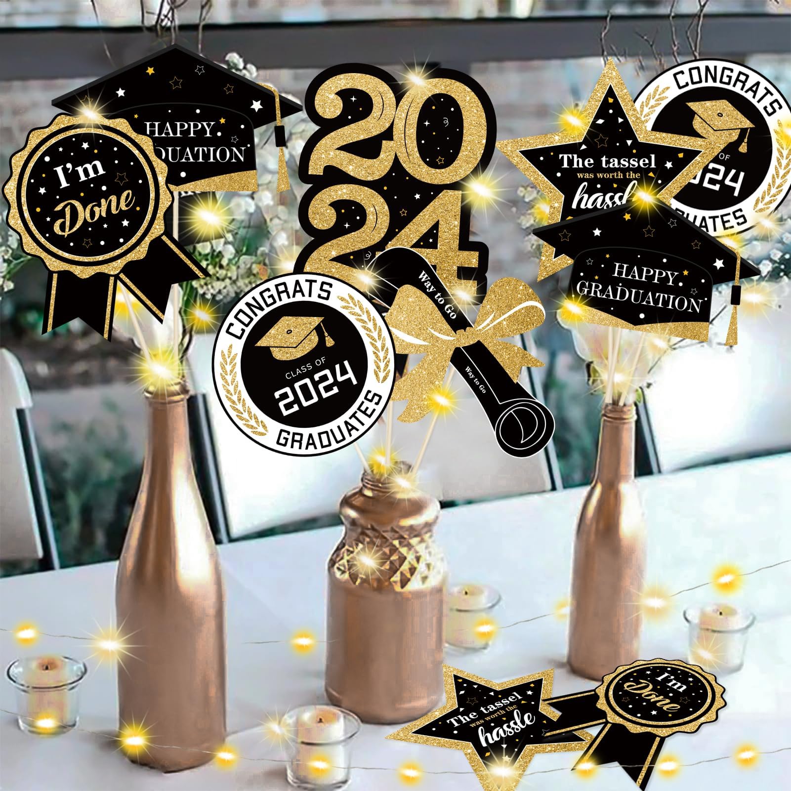 kockuu 36pcs Black Gold Graduation Decorations for Class of 2024 - Black Gold Double Sided Graduation Table Centerpieces Sticks with LED String Light for College High School Grad Party Decor Supply