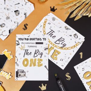 Fangleland The Notorious One Birthday Decorations, 25 Set of Black and Gold The Big One Theme Invitations with Envelopes, Hip Hop Theme 1st Birthday Invite Cards for One Year Old Party Supplies