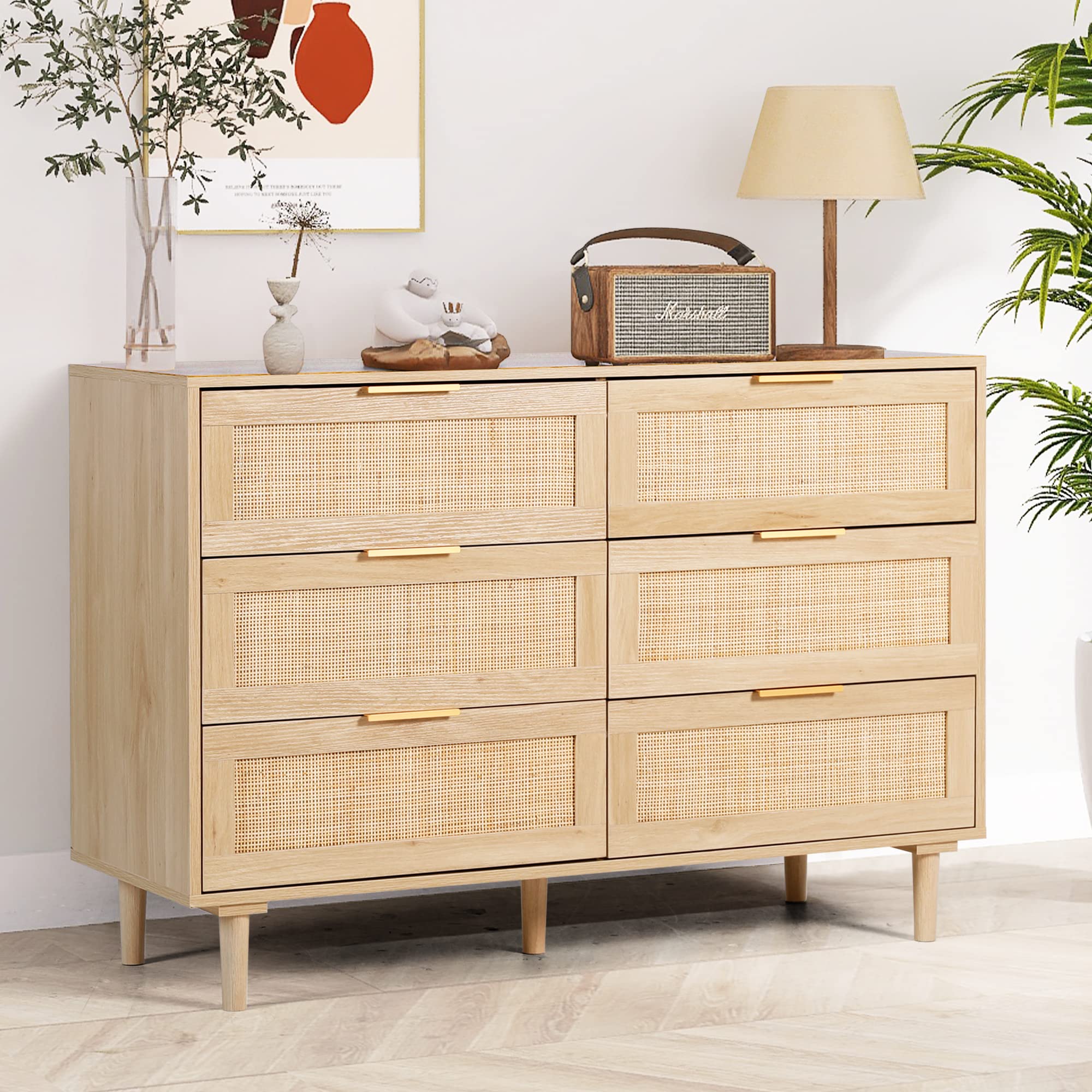 FUQARHY 6 Drawer Dresser Rattan Dresser Modern Chest with Drawers,Wood Storage Closet Dressers Chest of Drawers for Bedroom,Living Room,Hallway (Natural)