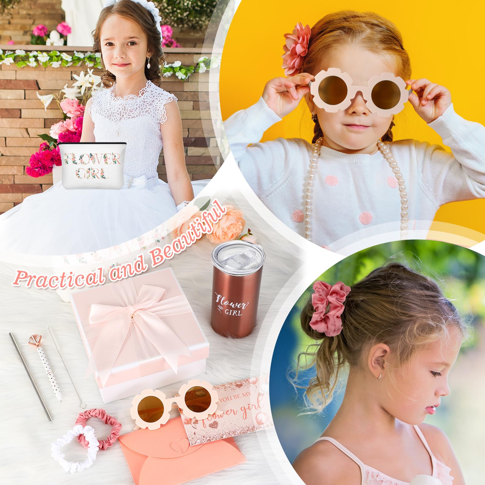 15 Pcs Flower Girl Ring Bearer Gifts Set Include Tumbler with Straw Glasses Canvas Bag Hair Ring Diamond Pen Proposal Card Envelope Acoustic Earpiece Tube Gift Box for Wedding Bride Shower Party