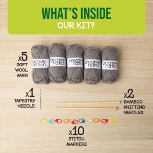 Creative Nation Knitting Kit for Beginners Adults - Complete Knit Kit with Full Color Instruction Booklet, Soft Yarn, Knitting Needles, Yarn Needle, Stitch Markers (Multi-Creative Kit, Gray)