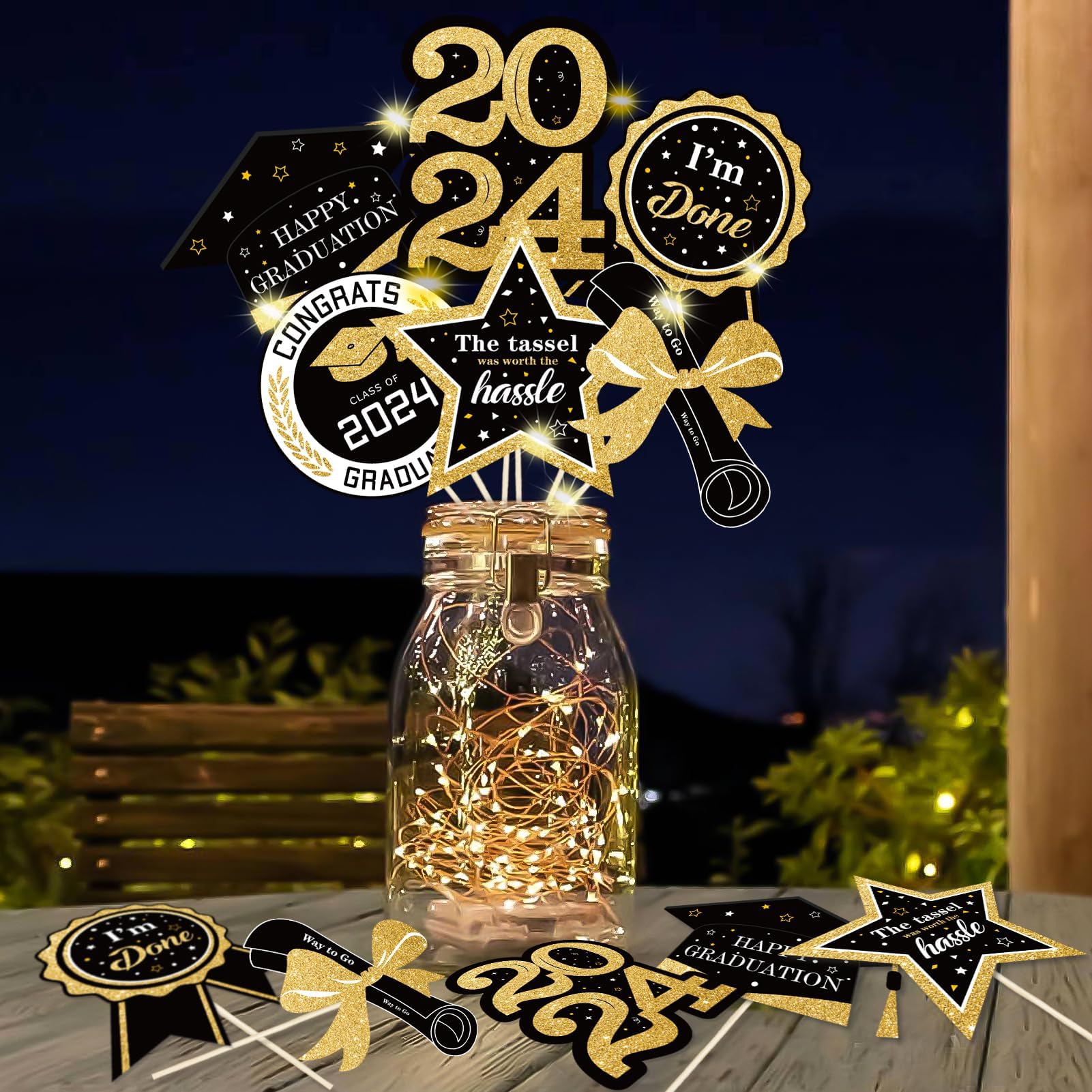 kockuu 36pcs Black Gold Graduation Decorations for Class of 2024 - Black Gold Double Sided Graduation Table Centerpieces Sticks with LED String Light for College High School Grad Party Decor Supply